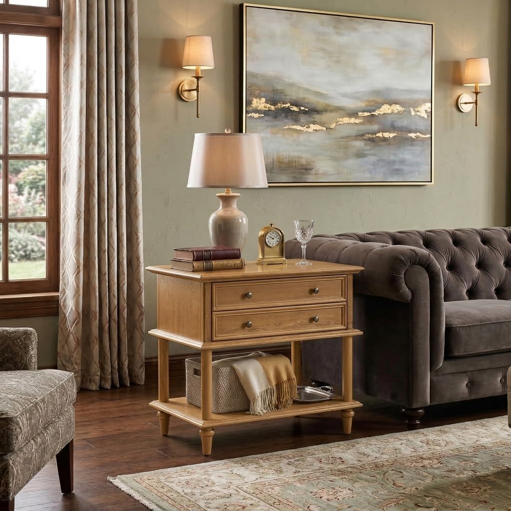 Natural Wood Nightstand with Drawer & Open Shelf