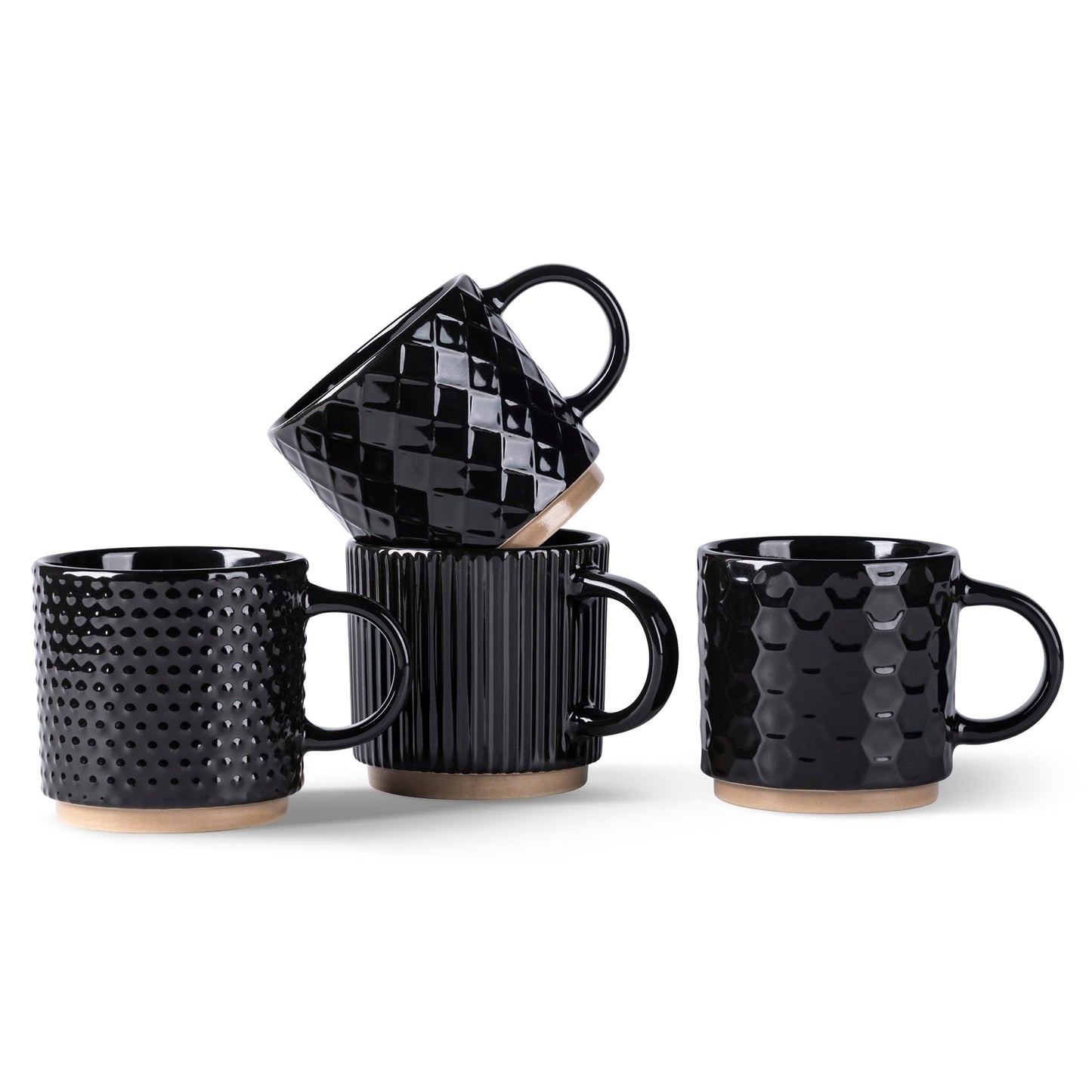 GBhome 12OZ Stackable Coffee Mugs, Ceramic Coffee Mugs with Texture Patterns for Man,Woman,Dad,Mom, Modern Coffee Mugs Set of 4 for Latte/Cappuccino/Cocoa. Dishwasher&Microwave Safe, Pale Khaki
