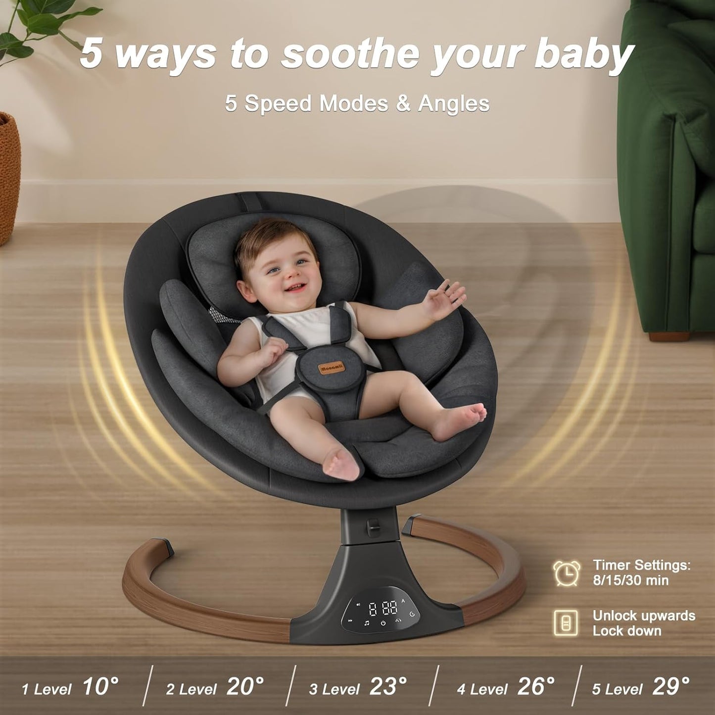 Baby Swings for Infants, Monamii Baby Swing, Bluetooth Infant Swing with Music Speaker, 5 Speeds and Remote Control, Indoor & Outdoor Use (Black)