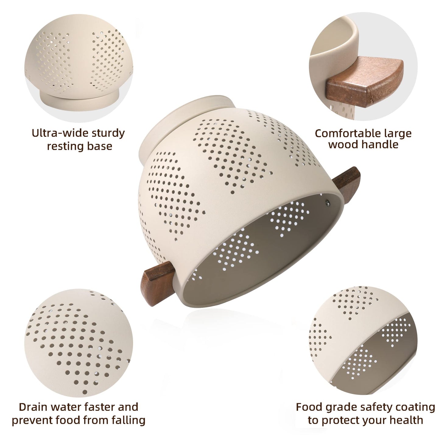 Metal Colander with Wood Handle and Stable Base, Powder Coated Steel Kitchen Strainer Basket for Draining Pasta, Vegetable and fruit(7quart,Sandyellow)