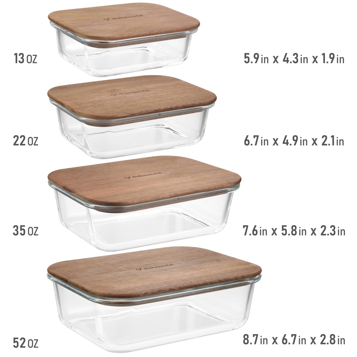 Glass Container Set with Acacia Lids - 4 Stackable Meal Prep Containers. Durable heat resistant Inert Borosilicate Glass
