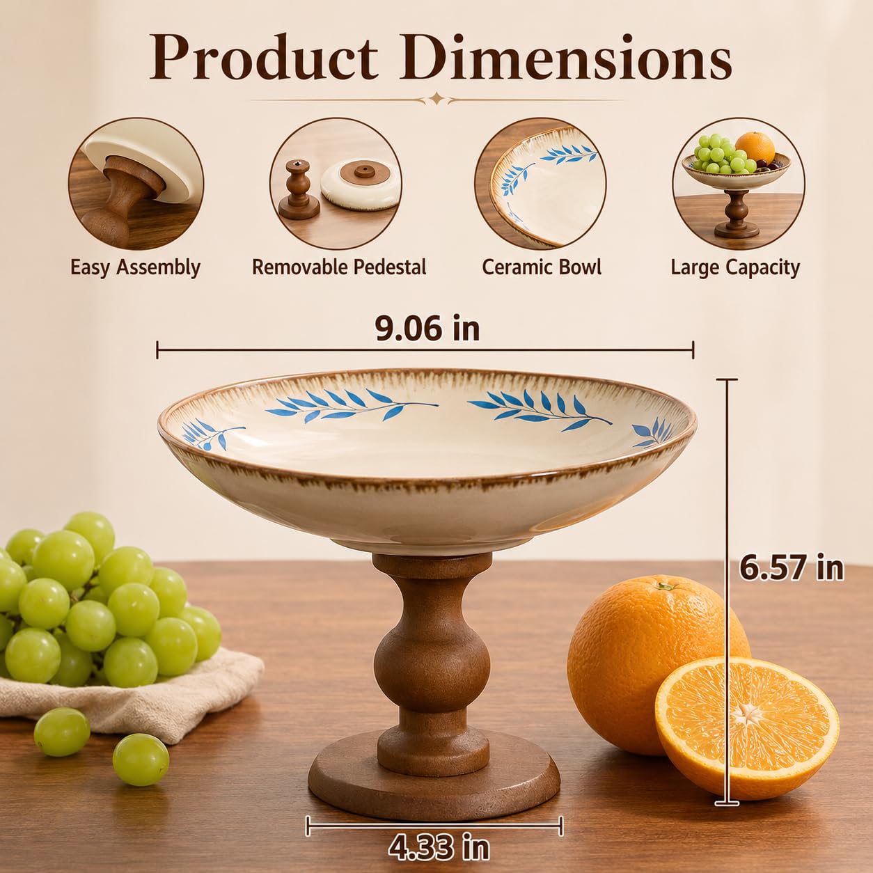 9″ Ceramic Pedestal Fruit Bowl with Removable Wooden Stand, Decorative Floral Serving Bowl for Kitchen Counter, Fruit, Desserts, Vegetables & Home Decor