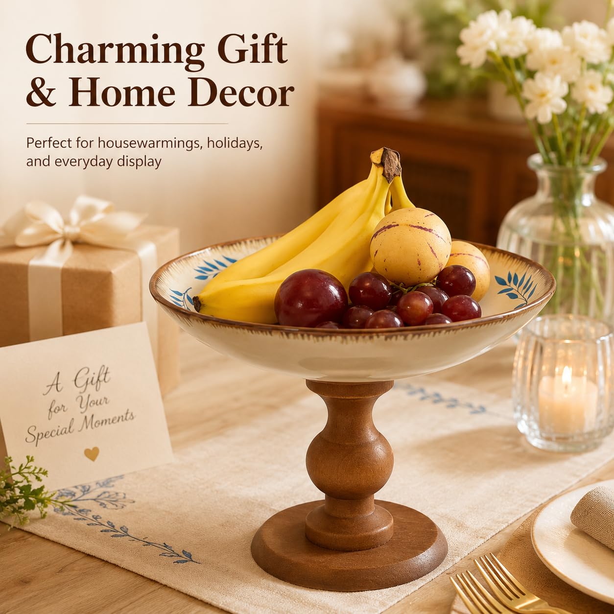 9″ Ceramic Pedestal Fruit Bowl with Removable Wooden Stand, Decorative Floral Serving Bowl for Kitchen Counter, Fruit, Desserts, Vegetables & Home Decor