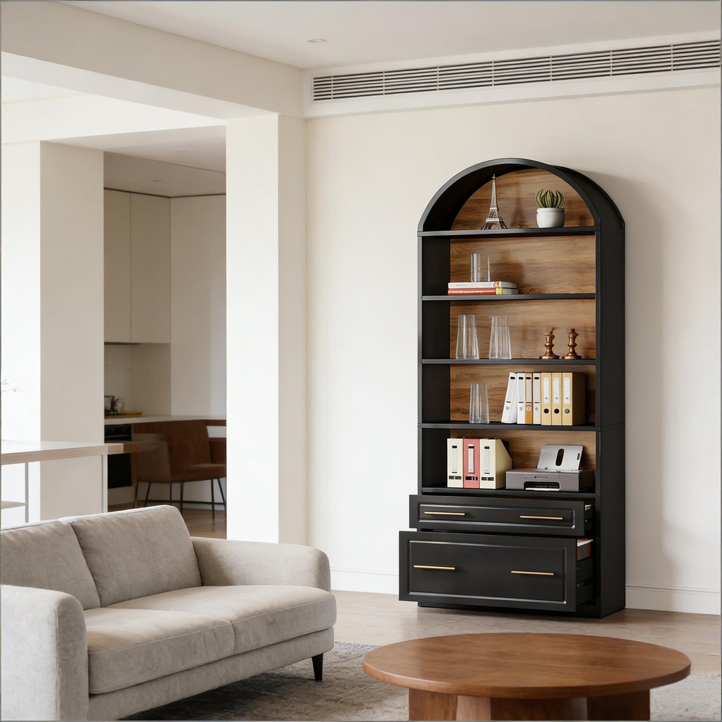 Arched 8 Tier Tall Bookshelf with Wood Back Panel