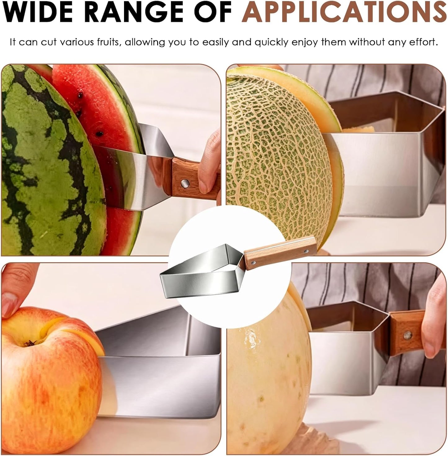 2Pcs Stainless Steel Watermelon Slicer,2026 New Triangle Watermelon Cutter,Handheld Watermelon Cutting Tool Stainless Steel with Wooden Handle for a Variety of Fruits Watermelon, Cantaloupe, Honeydew