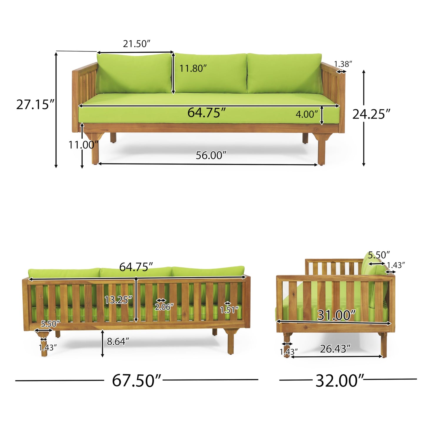 Outdoor Acacia Wood Conversation Set, 3-Seat Loveseat Sofa w/Cushion and Round Coffee Table for Backyard, Patio Furniture, Teak+Beige