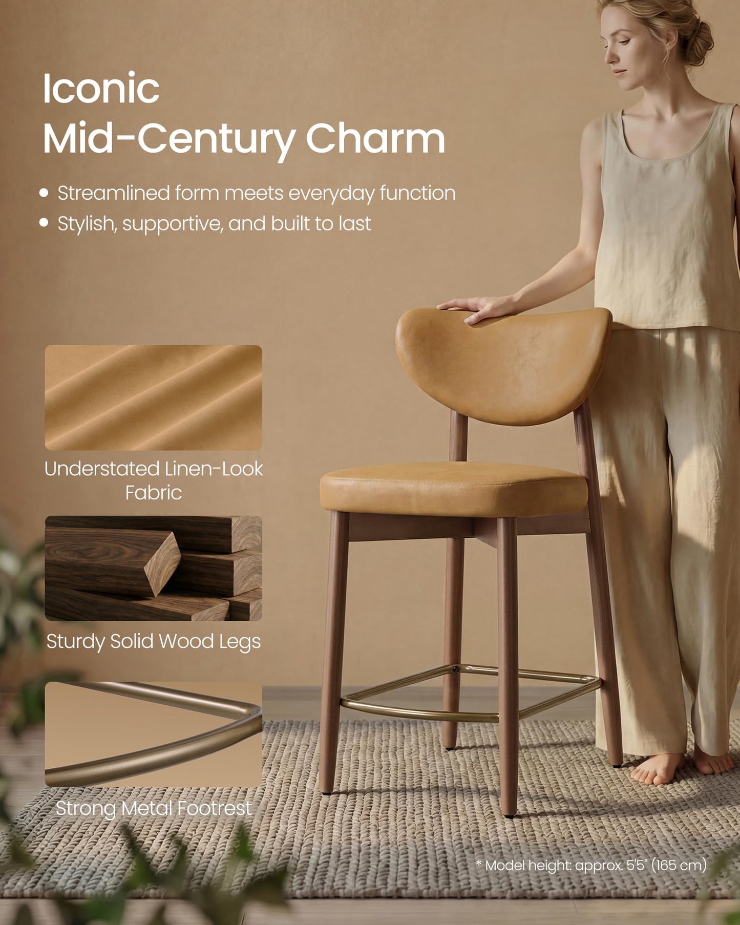VASAGLE Wooden Bar Stools Set of 2, Upholstered Counter Height Barstools with Solid Wood Legs, Ergonomic Backrest, Mid Century Modern, for Kitchen Island, Linen-Look Fabric, Cappuccino Beige