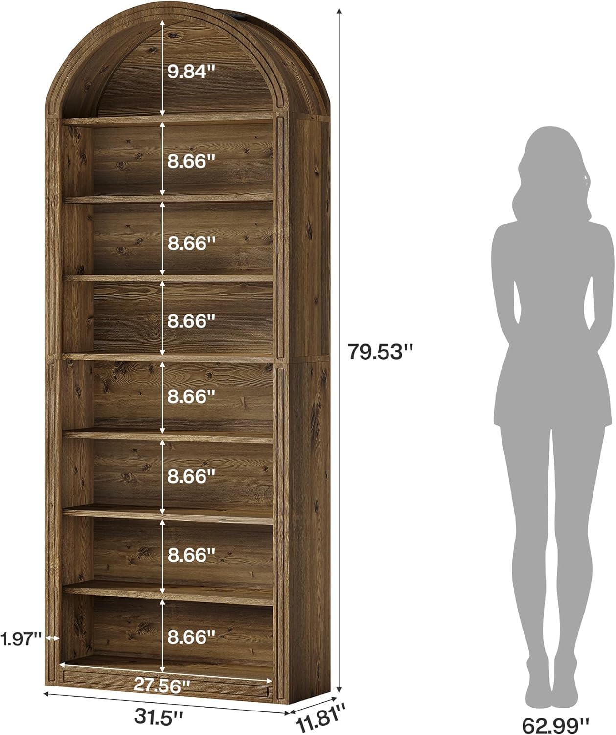 Arched 8 Tier Tall Bookshelf with Wood Back Panel