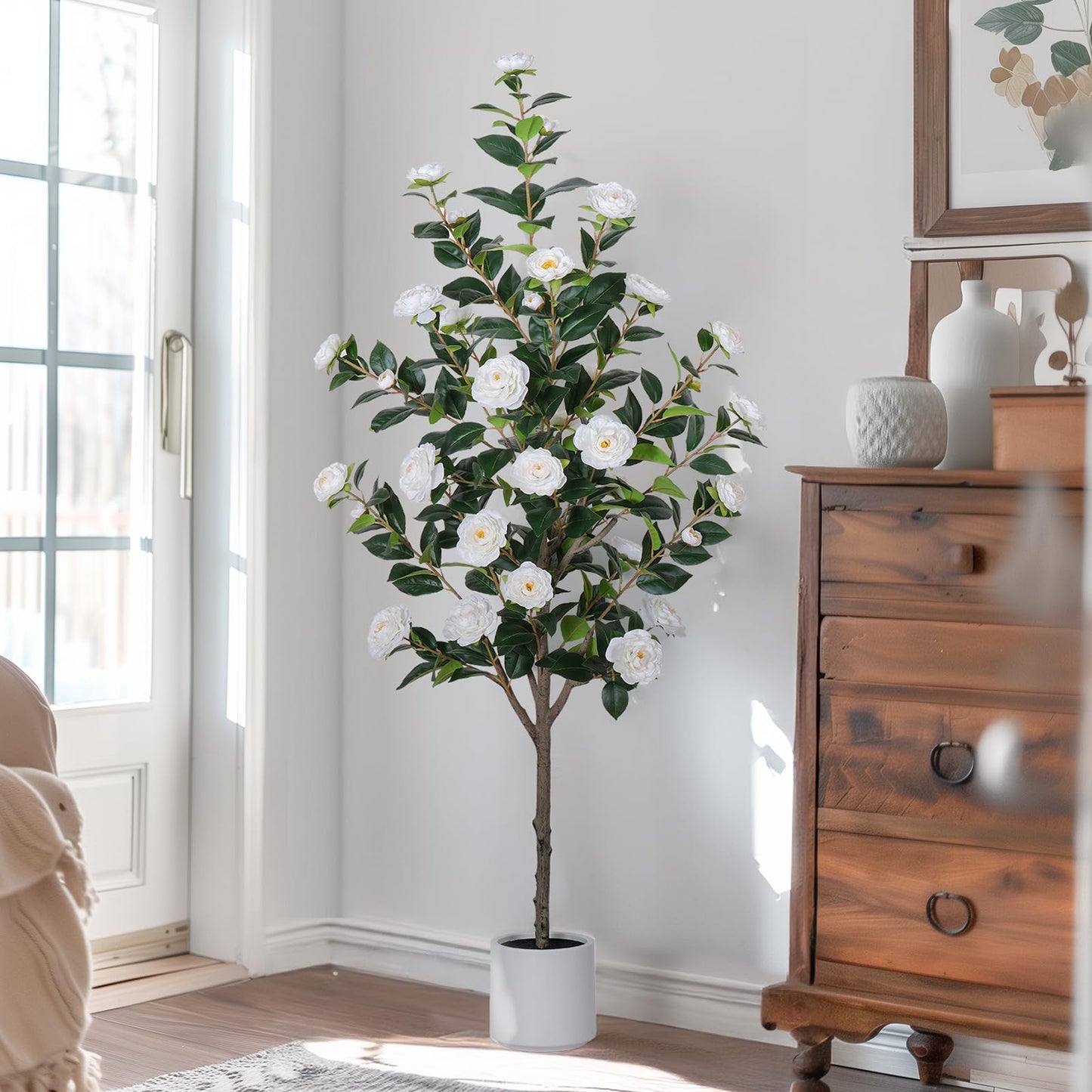 Yepdin 63 inch Artificial Camellia Tree with White Flower Pots - White Fake Tree,5 Ft Faux Plants Indoor wich Blooming,Artificial Plants for Indoor & Outdoor Home Front Door Decor