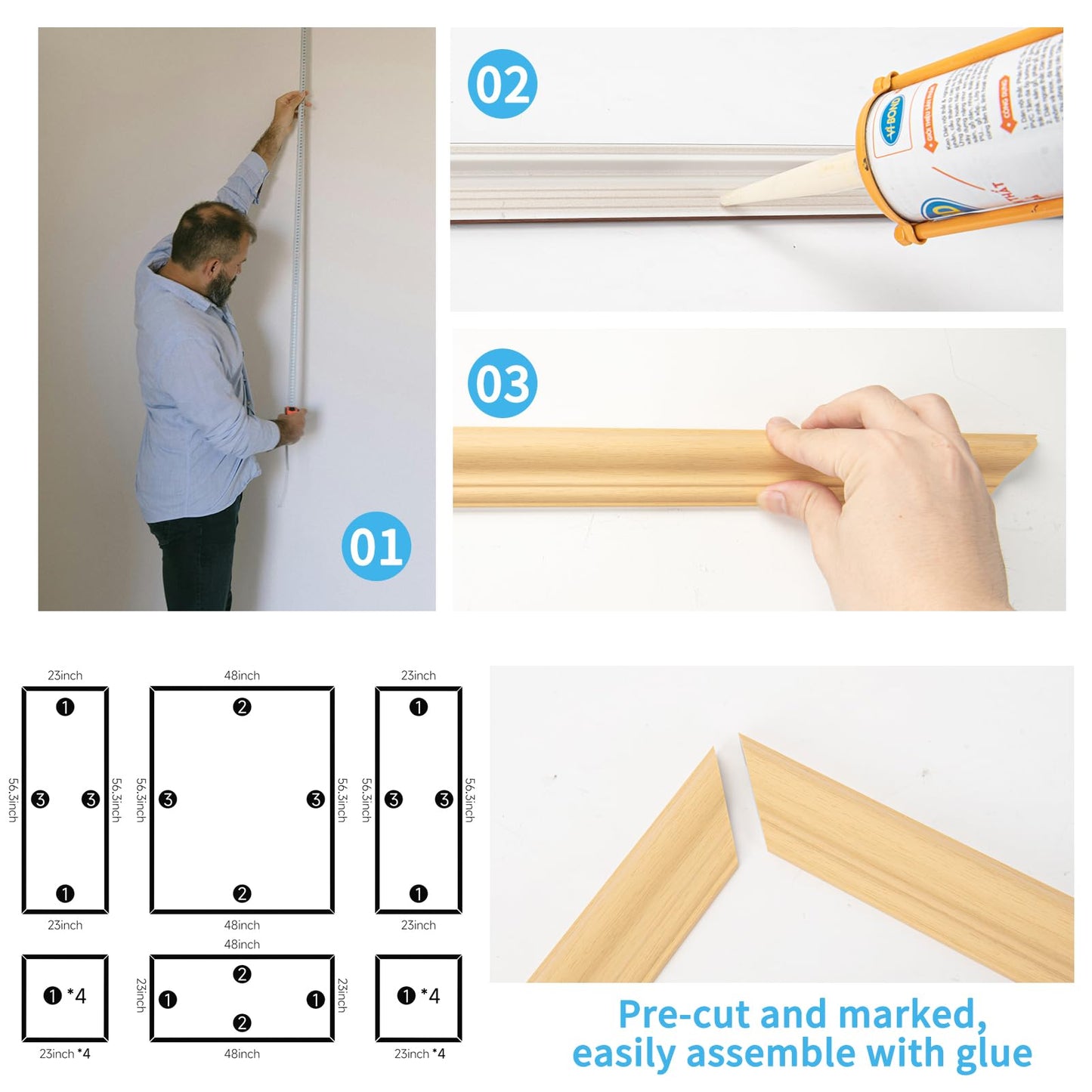 Pre-Cut Wall Molding Set of 6 pcs, Ready-to-Assemble Wainscoting Panels