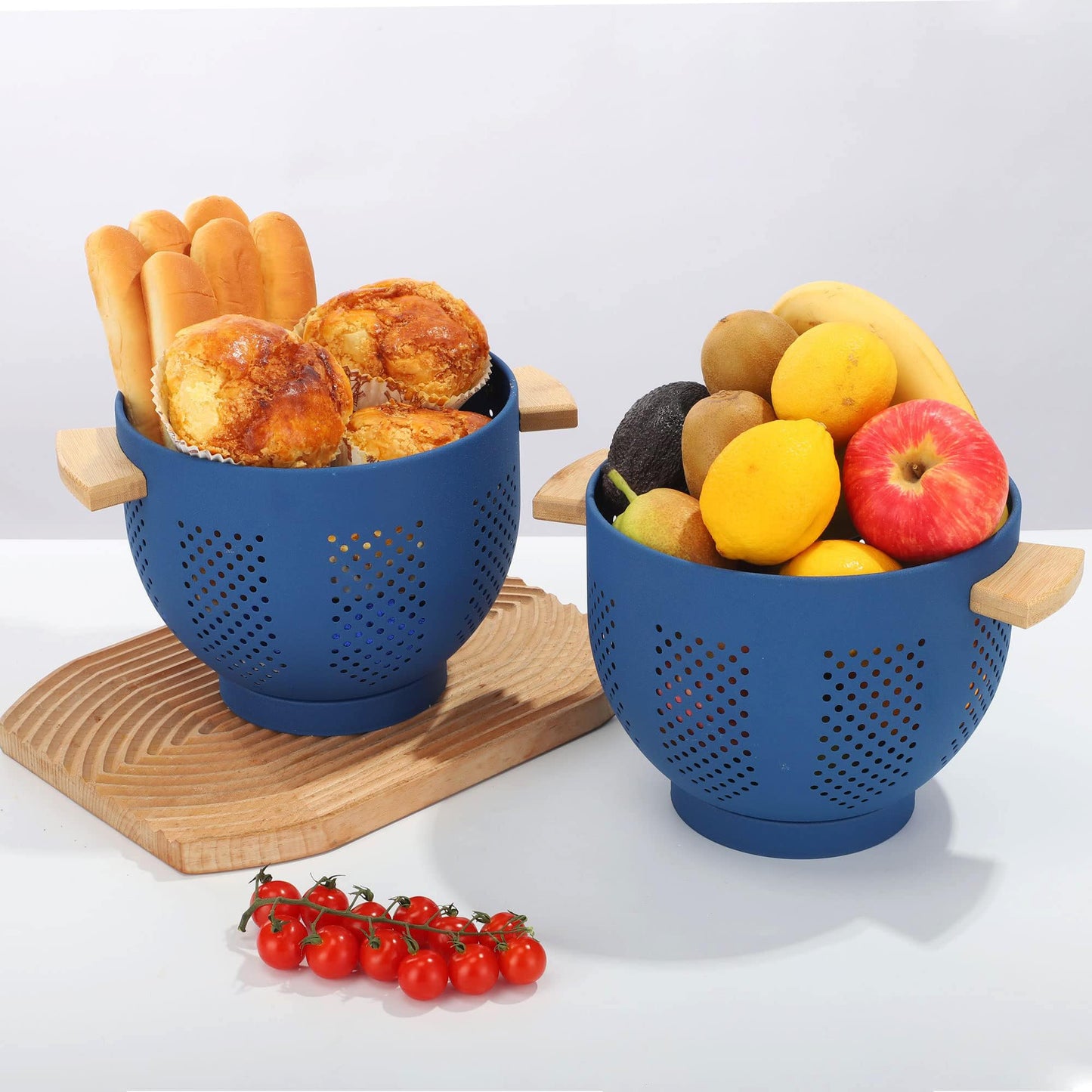 Metal Colander with Wood Handle and Stable Base, Powder Coated Steel Kitchen Strainer Basket for Draining Pasta, Vegetable and fruit(7quart,Sandyellow)