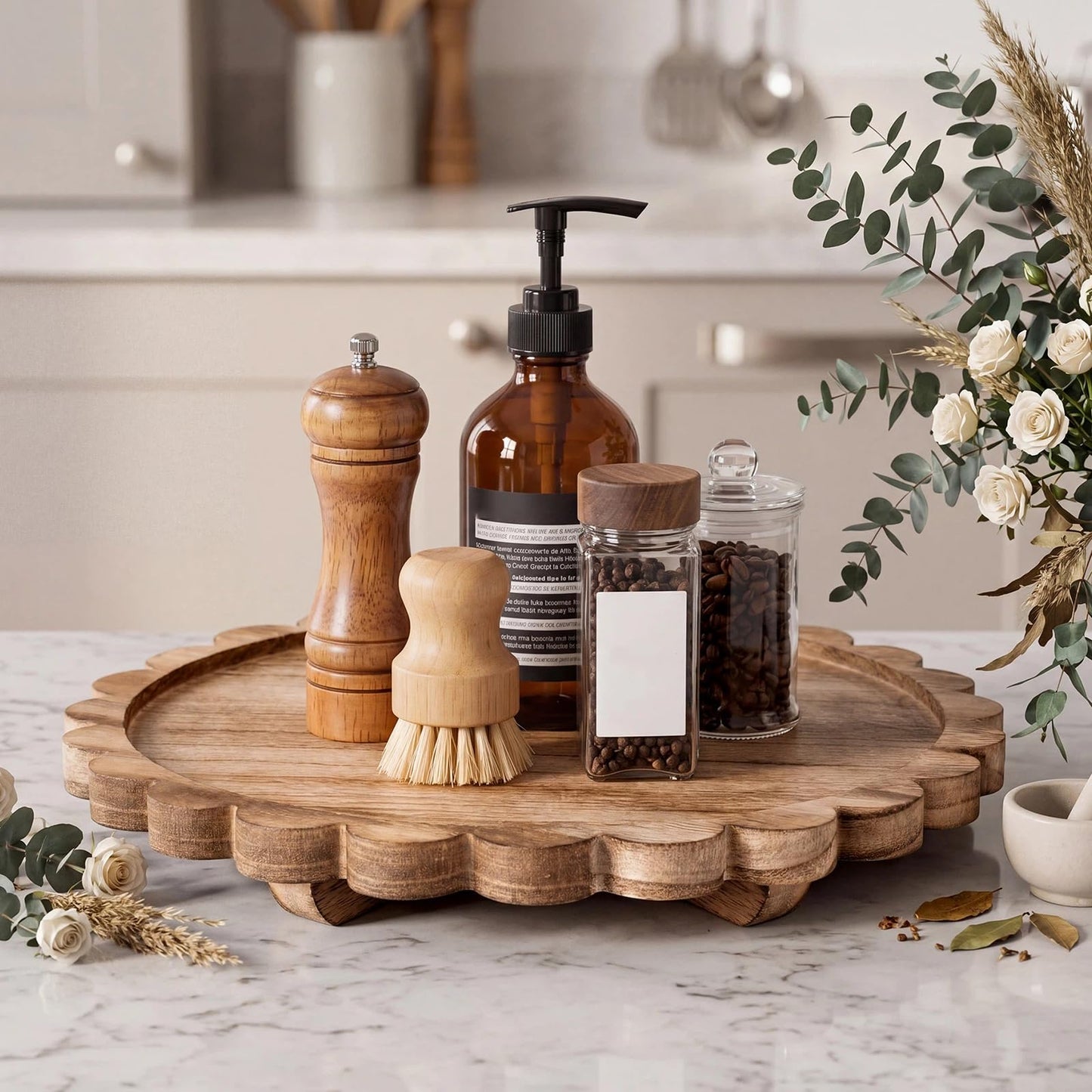 Scalloped Wood Riser Tray