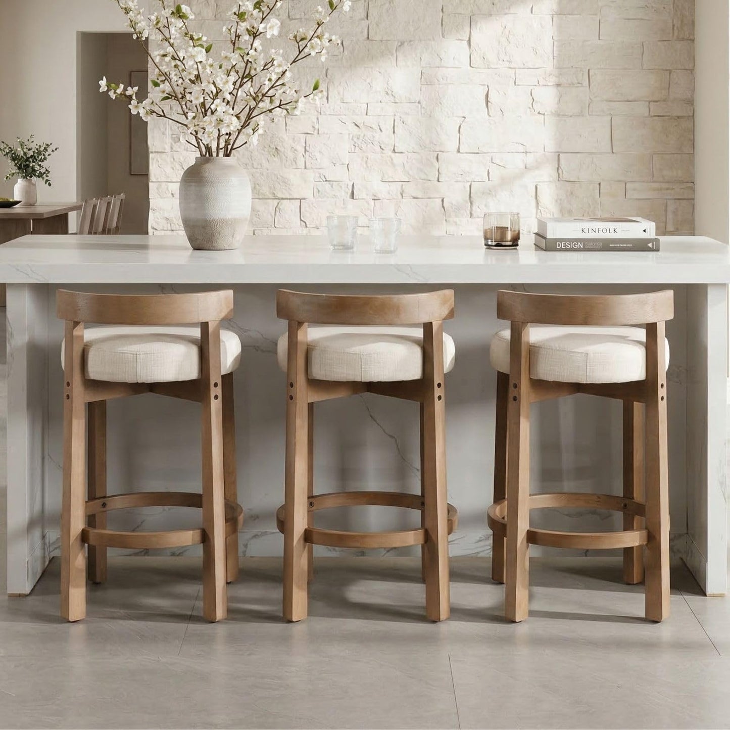 LukeAlon Mid Century Linen Counter Stools Set of 3, Upholstered 26.5" Seat Height Low Barstools with Natural Wood Legs Round Low Back Kitchen Stools with Footrest for Dining Room, Beige