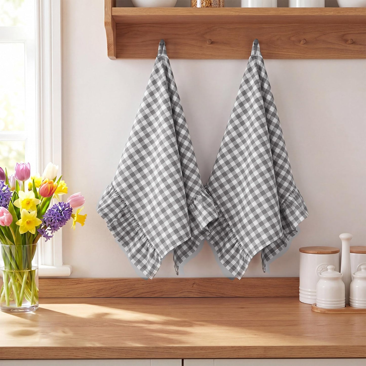 HunnmingRe Taupe Kitchen Towels Set of 2, 100% Cotton Ruffled Gingham Dish Towels 18"x28" Tea Cloths Classic Plaid Pattern for Farmhouse Charm, Drying Dishes, Entertaining Guests