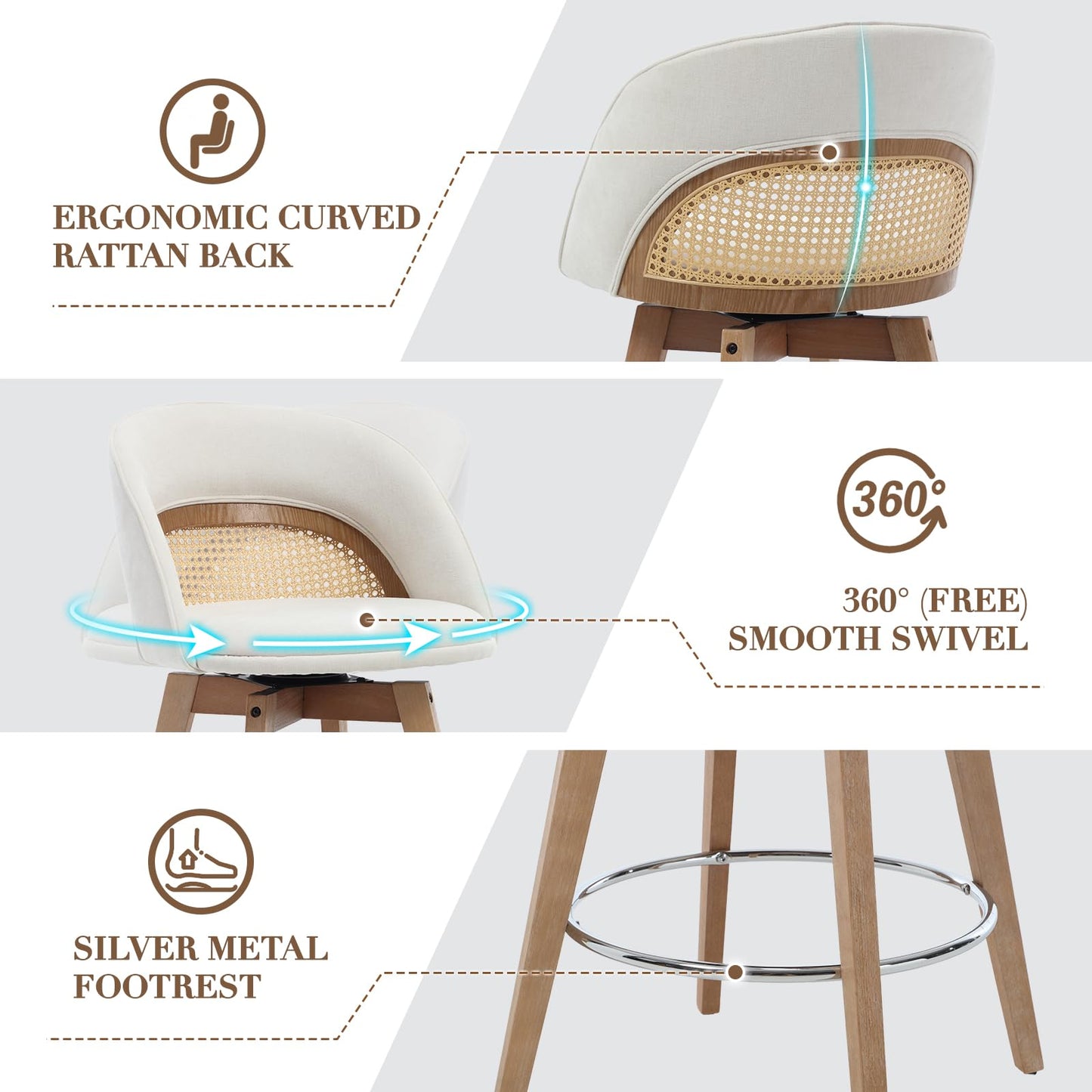 EALSON Bar Stools Set of 4, 26" Swivel Barstools with Rattan Backrest, Modern Faux Leather Upholstered Counter Height Bar Stools with Wood Legs & Bronze Footrest for Kitchen Island/Living Room, Brown