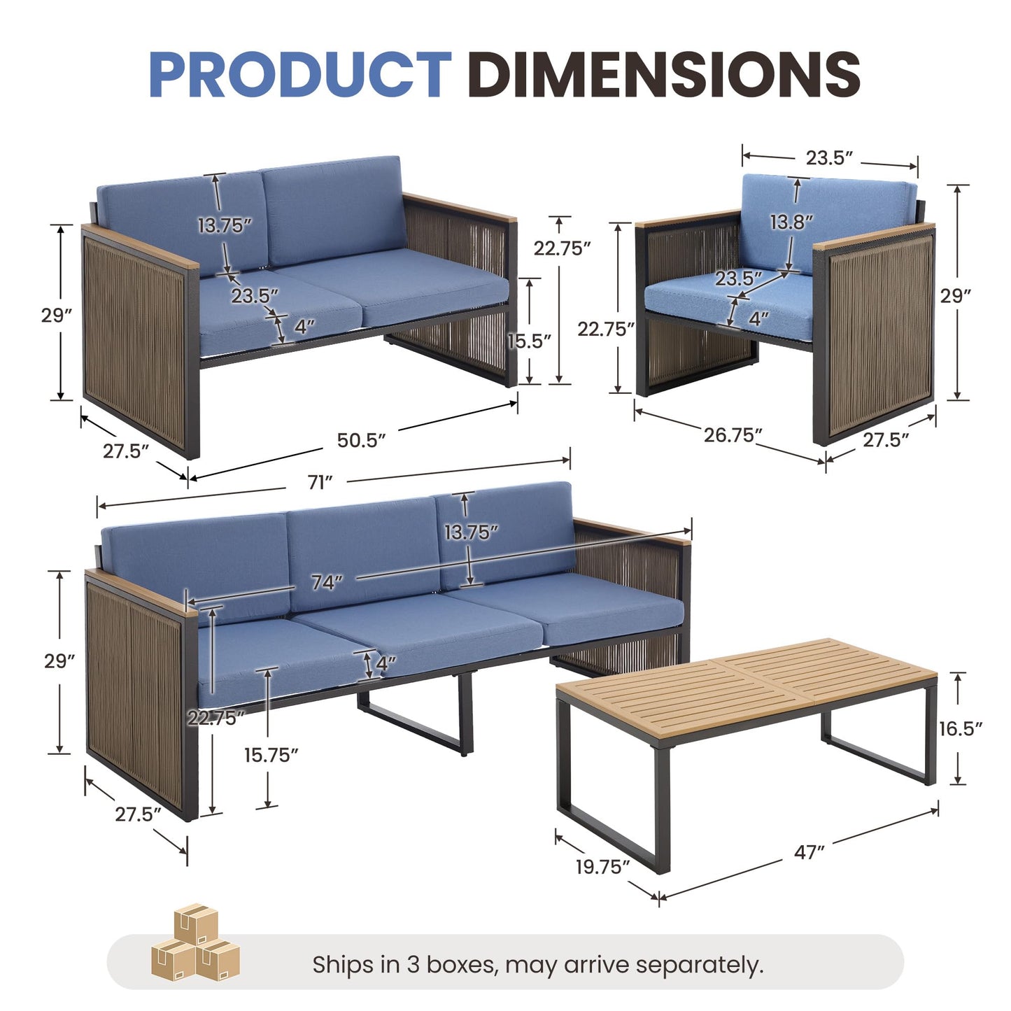 5 Piece Patio Conversation Set for 7, Modular Patio Sofa Couch with Cushions, Rattan Outdoor Patio Furniture Set with Loveseat/Coffee Table, Outdoor Sectional Furniture for Deck/Porch, Beige