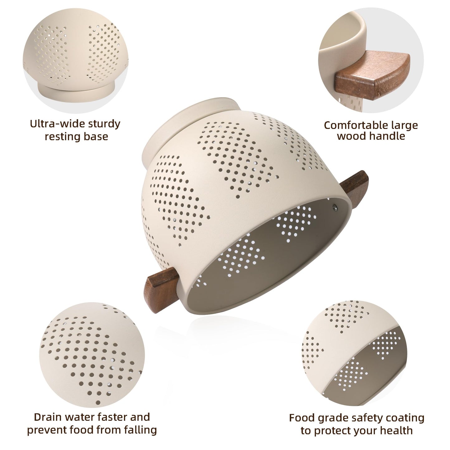 Metal Colander with Wood Handle and Stable Base, Powder Coated Steel Kitchen Strainer Basket for Draining Pasta, Vegetable and fruit(7quart,Sandyellow)