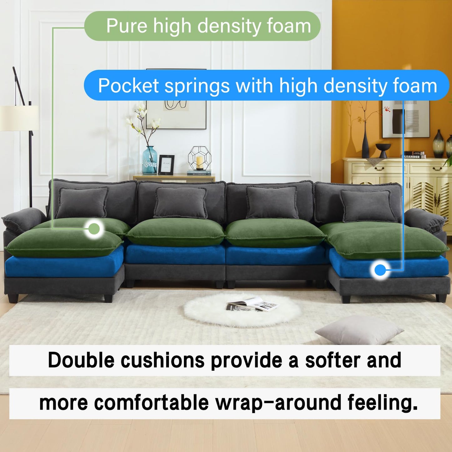 120" Modular Sectional Sofa, Comfy Cloud Couch Sectional Sofa with Ottoman, Chenille Sofa Sleeper Deep Seat Sofa with Throw Pillows for Living Room (Beige White, 120"- U Shape)