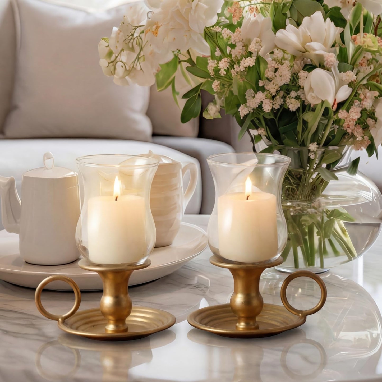 2 Set Hurricane Candle Holders Brass Metal