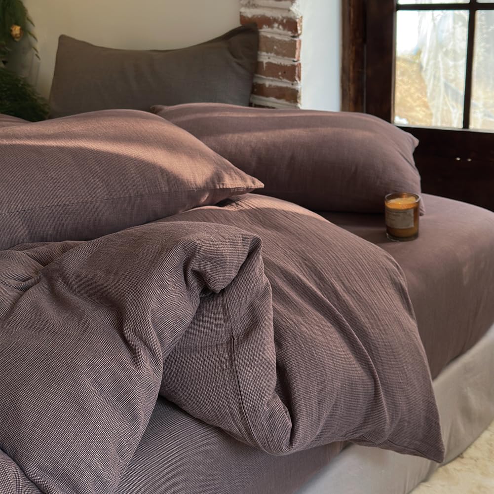 NSNLGSGC 100% Muslin Cotton Houndstooth Duvet Cover King Size, 2-Layer Small Checked Lightweight and Breathable Muslin Bedding, Linen Like Gauze Comforter Cover Set (Mocha Houndstooth, King)