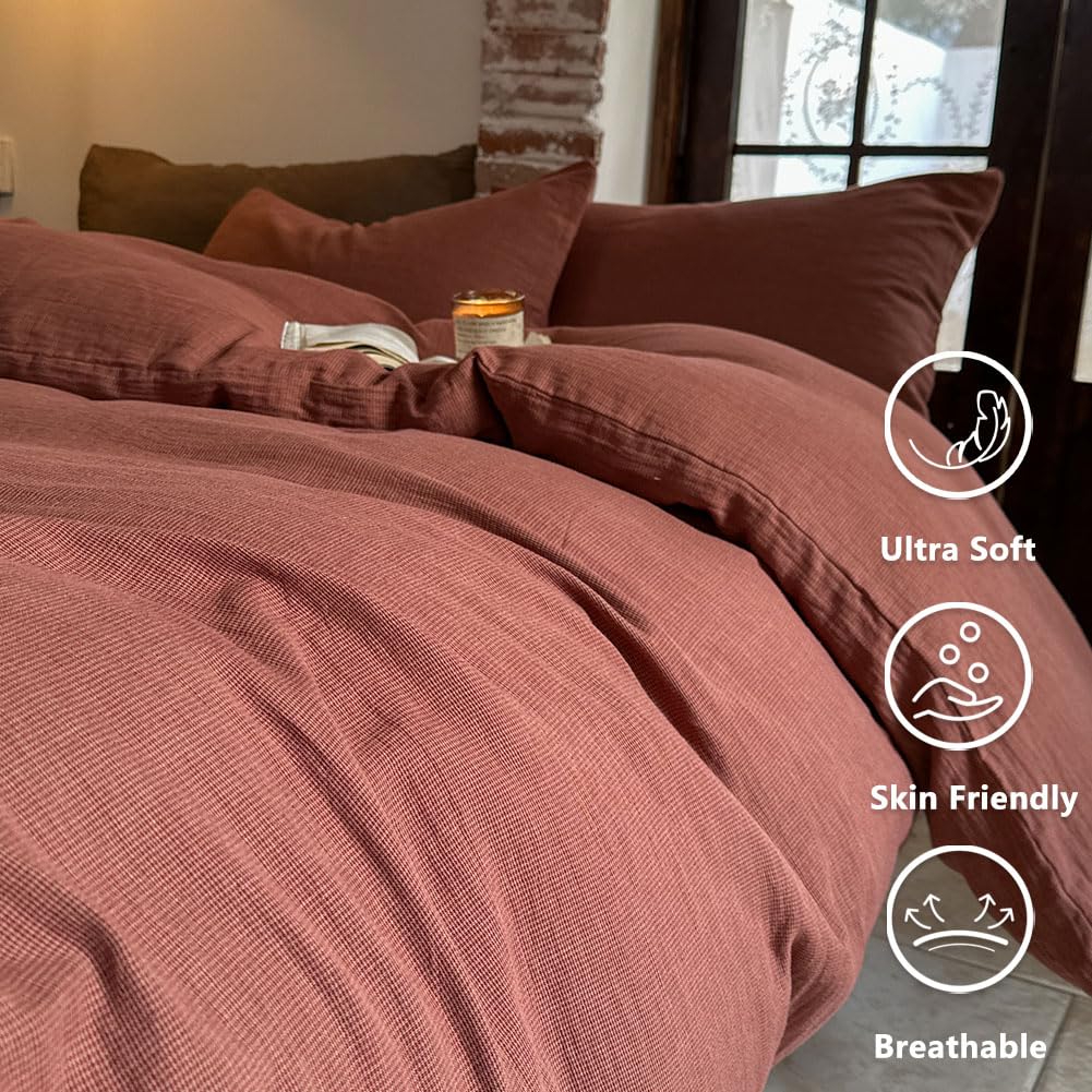 NSNLGSGC 100% Muslin Cotton Houndstooth Duvet Cover King Size, 2-Layer Small Checked Lightweight and Breathable Muslin Bedding, Linen Like Gauze Comforter Cover Set (Mocha Houndstooth, King)