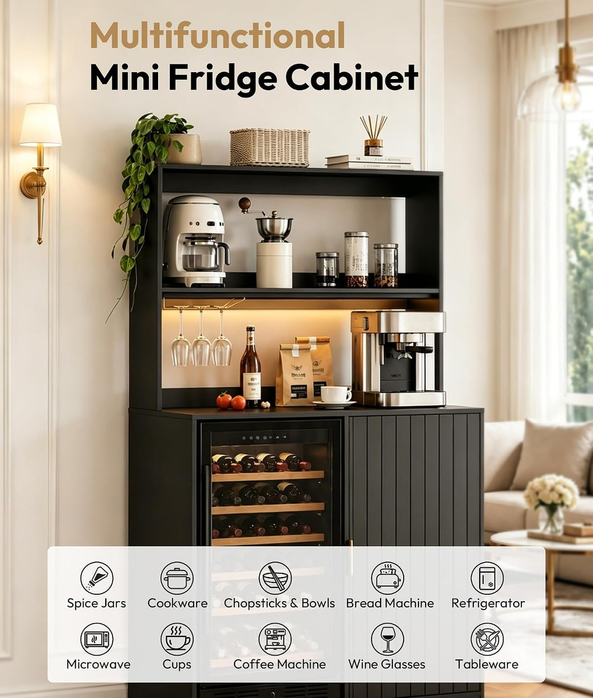 Mini Fridge Cabinet with Hutch and Wine Glass Rack
