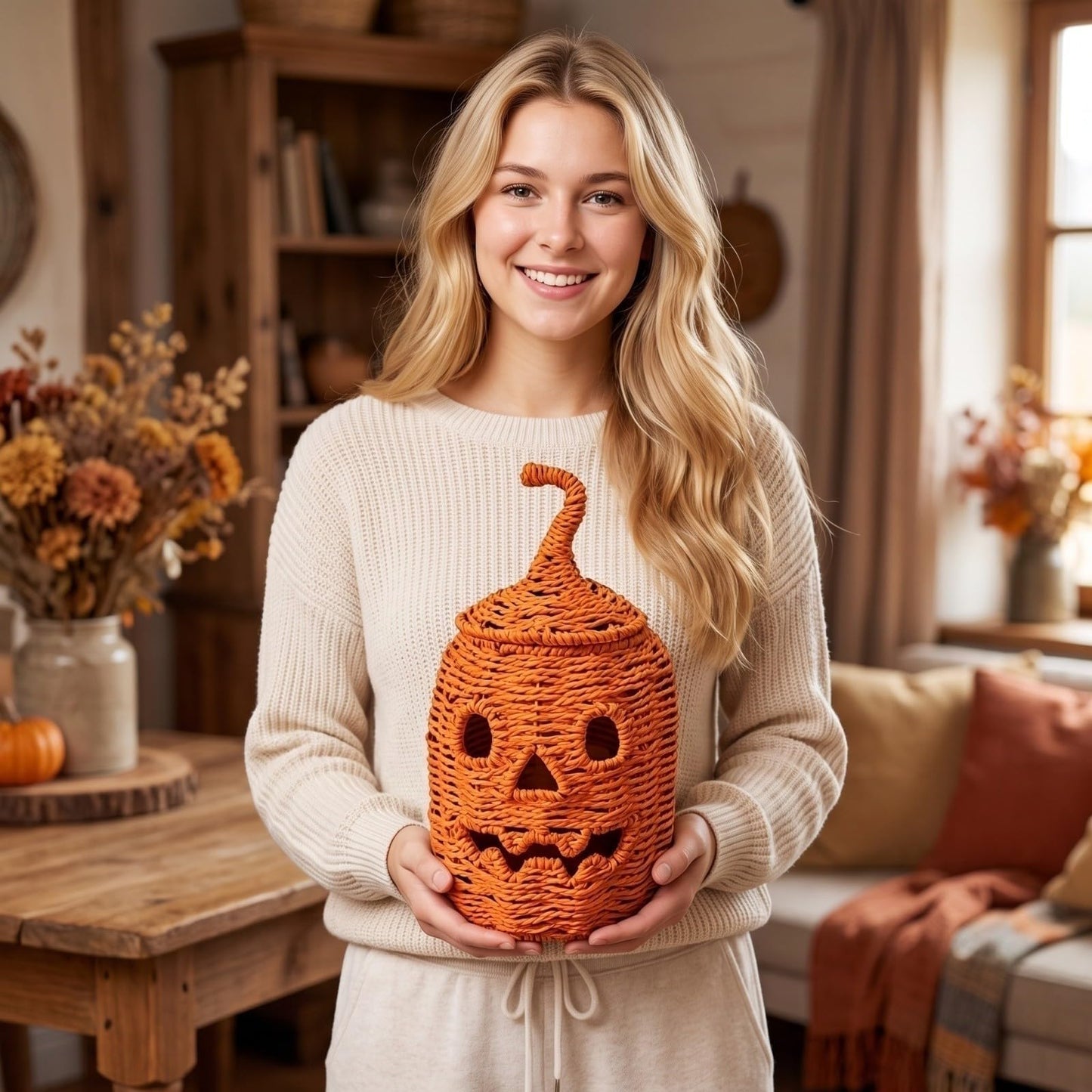 Rattan Lantern Pumpkin Candle Holder with Witch Hat Shape Lid