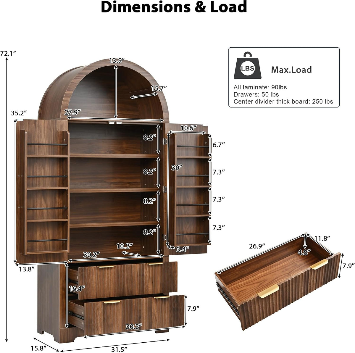 72" Tall Arched Kitchen Pantry Cabinet with 2 Drawers