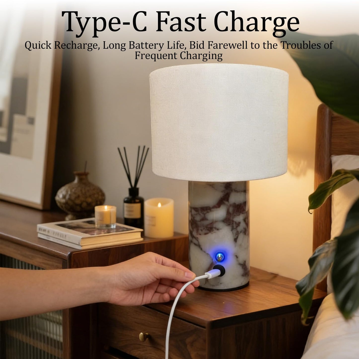 Cordless Marble Table Lamp with USB Port Rechargeable Battery