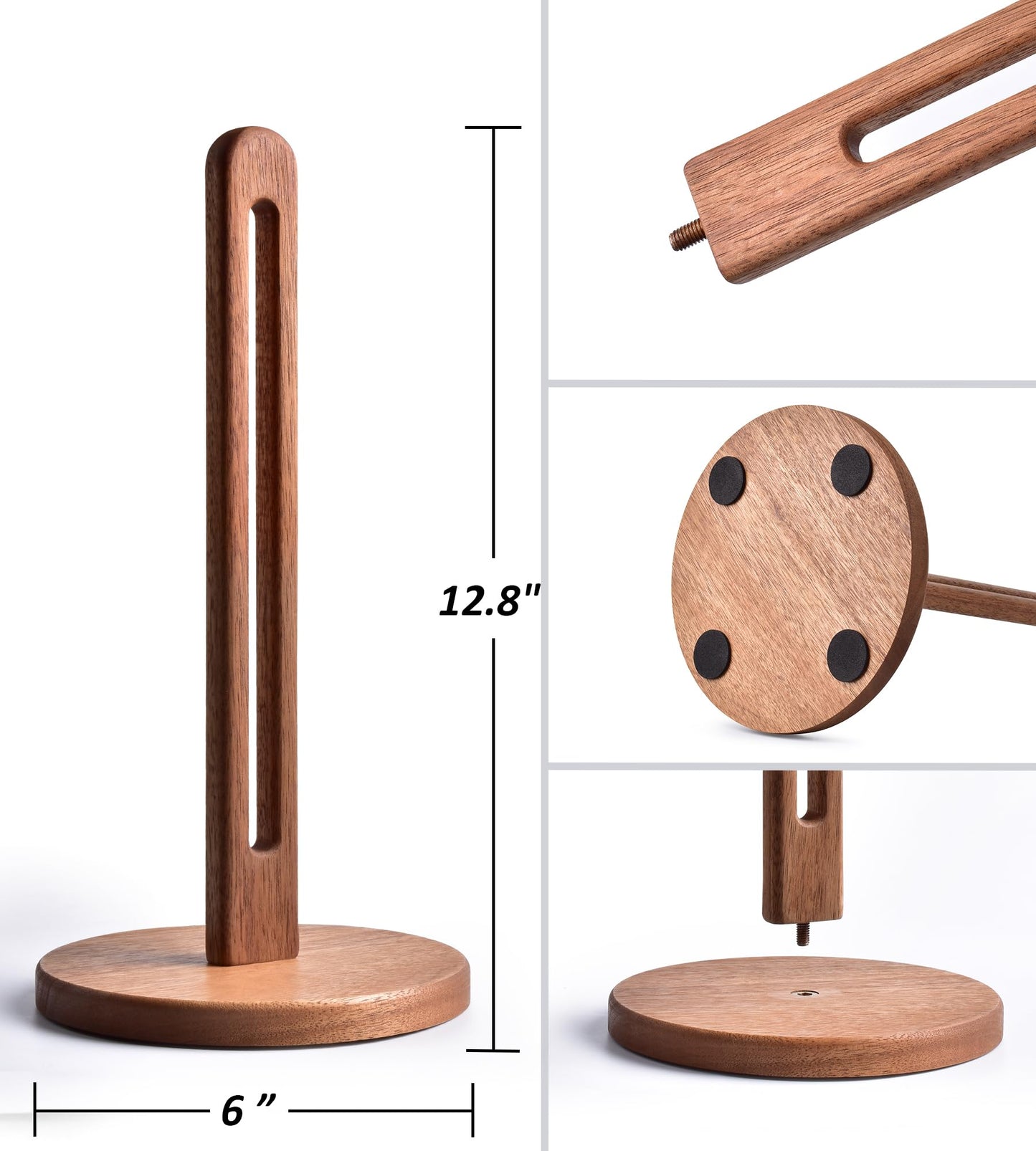 KitchLife Acacia Wooden Paper Towel Holder Countertop, 6.5" Jumbo Base, Fits Jumbo Rolls, Large Freestanding Dark Wood Paper Towel Stand Upgraded Dispenser Organizer with Non-Slip Base