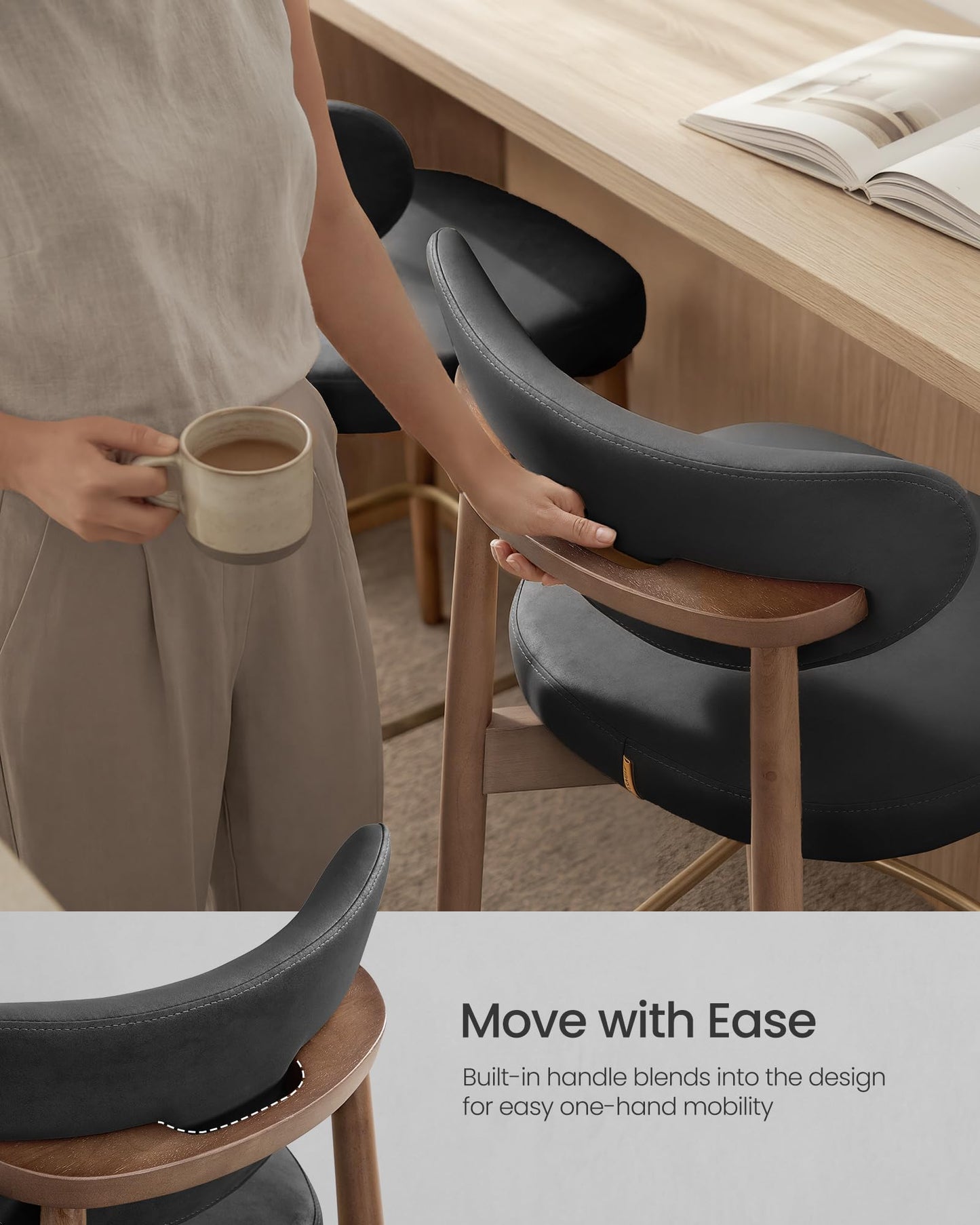 VASAGLE Wooden Bar Stools Set of 2, Upholstered Counter Height Barstools with Solid Wood Legs, Ergonomic Backrest, Mid Century Modern, for Kitchen Island, Linen-Look Fabric, Cappuccino Beige