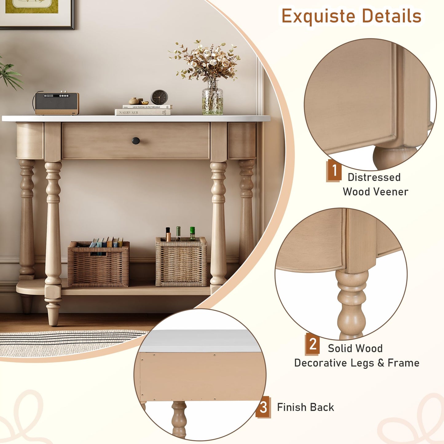 36-Inch Retro Console Sofa Table with Drawer & Storage Shelf