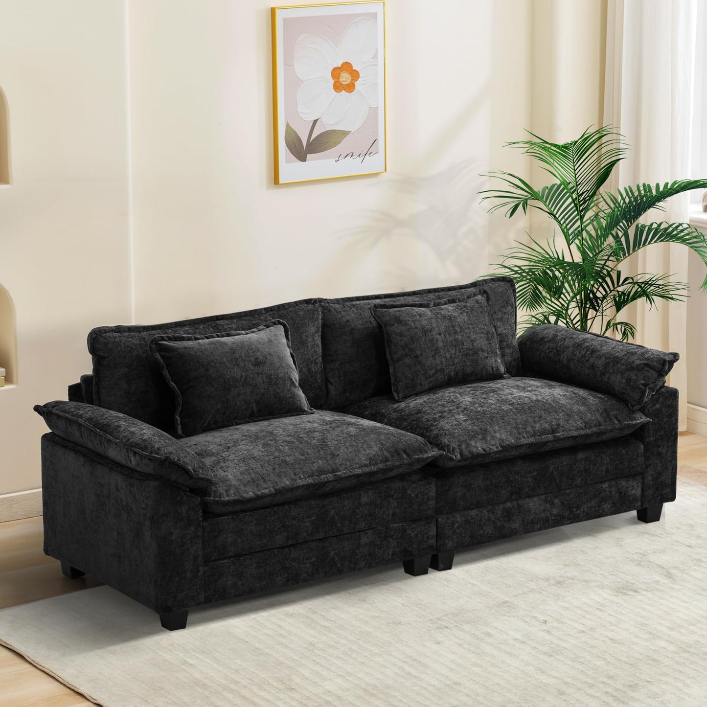 120" Modular Sectional Sofa, Comfy Cloud Couch Sectional Sofa with Ottoman, Chenille Sofa Sleeper Deep Seat Sofa with Throw Pillows for Living Room (Beige White, 120"- U Shape)