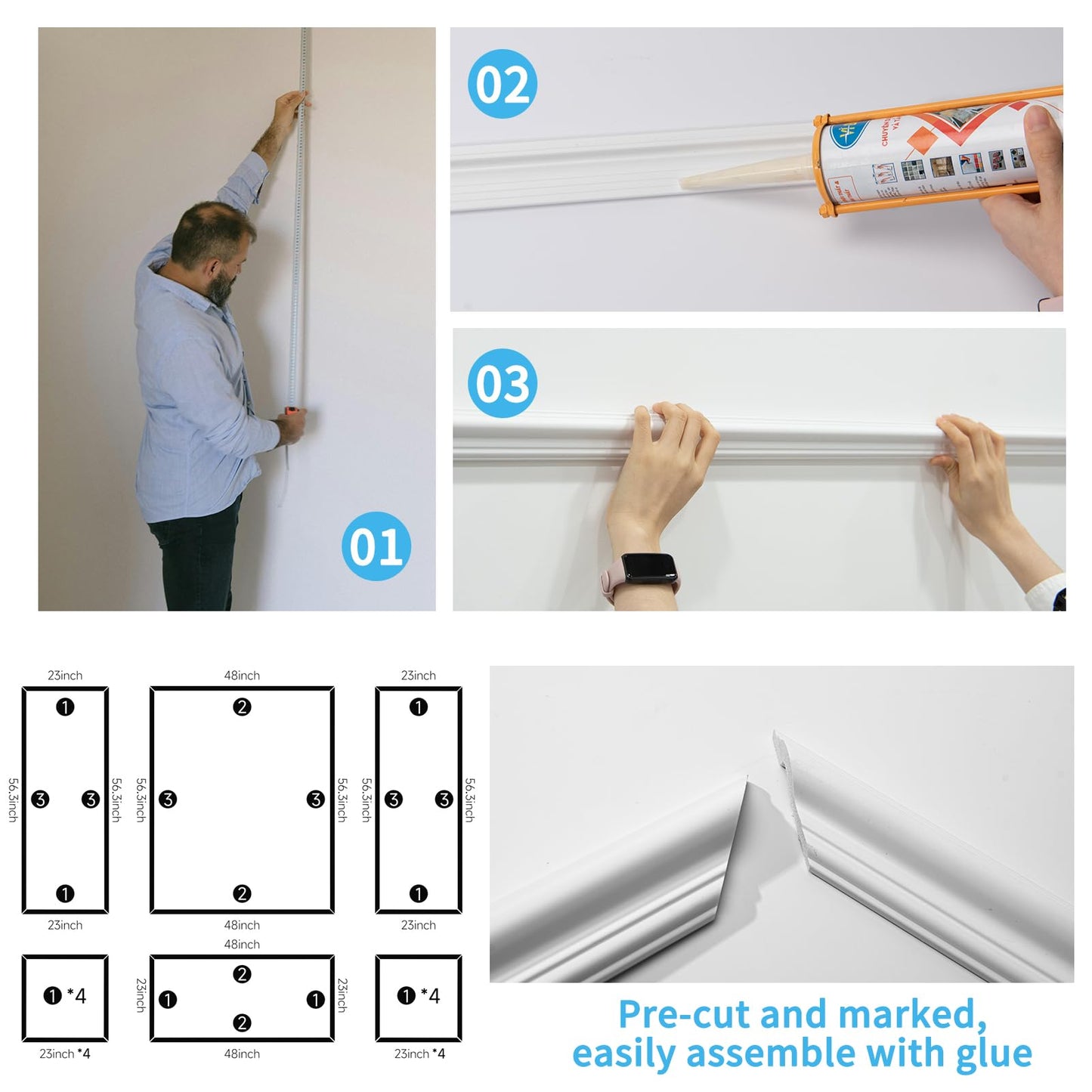 Pre-Cut Wall Molding Set of 6 pcs, Ready-to-Assemble Wainscoting Panels