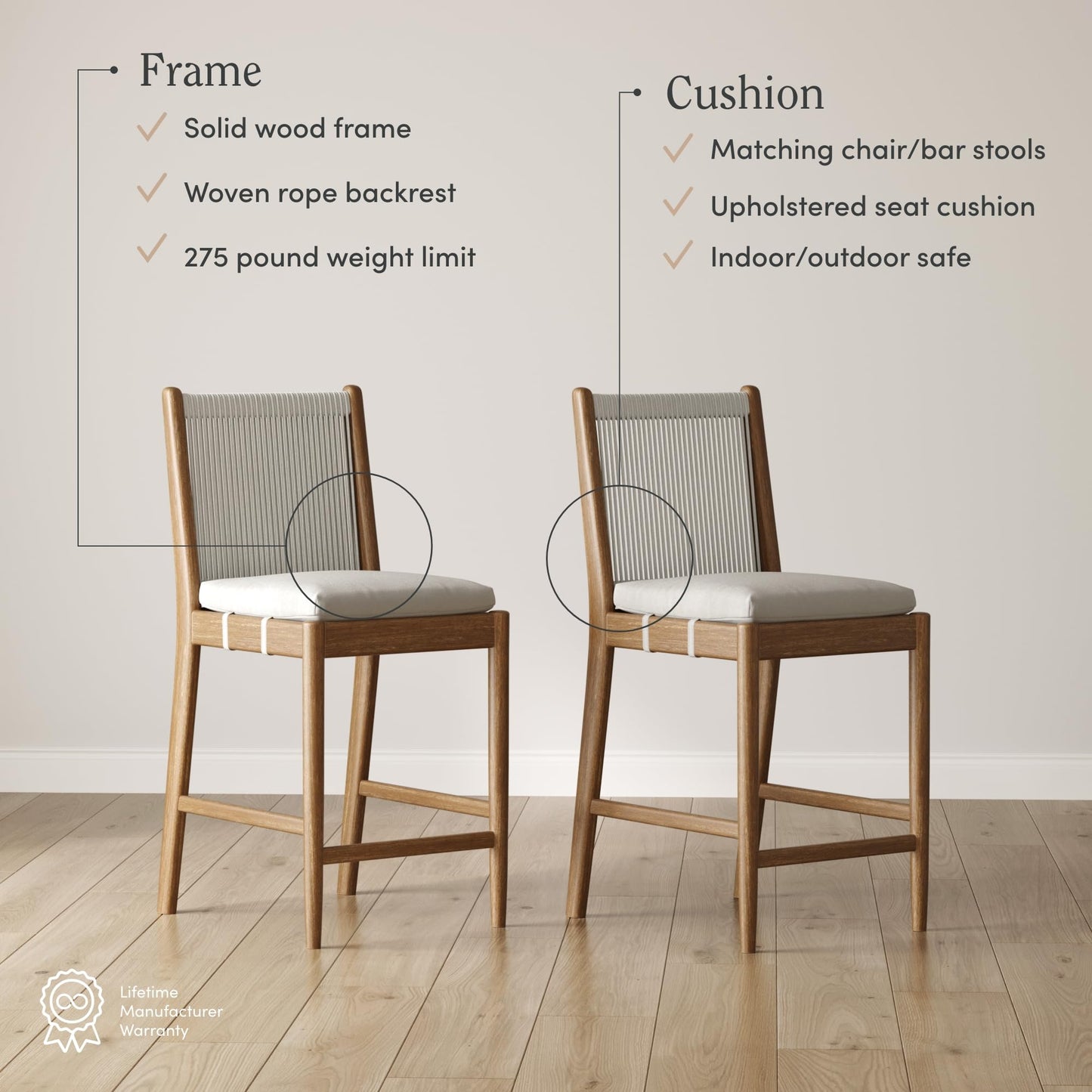 Nathan James Rikki Seagrass Bar Stool with Back, 2-Pack Boucle Counter Stool with Upholstered Seat, Solid Wood Frame, and Woven Seagrass Backrest