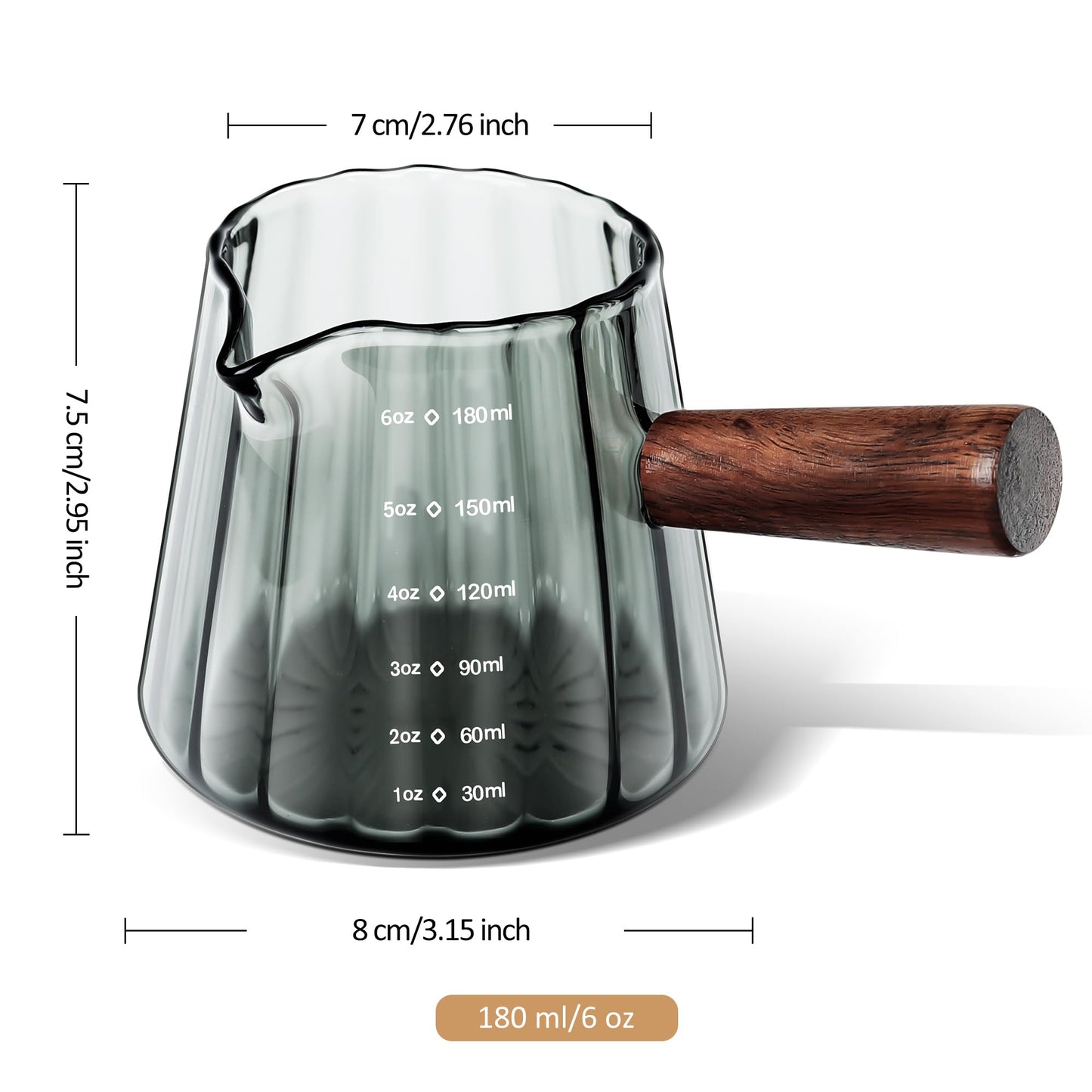 Joeyan 6 oz Glass Measuring Cups with Spout,Borosilicate Glass Triple Pitcher with Scale,Origami Style Espresso Shot Glasses with Wood Handle for Coffee Milk,Dishwasher Safe
