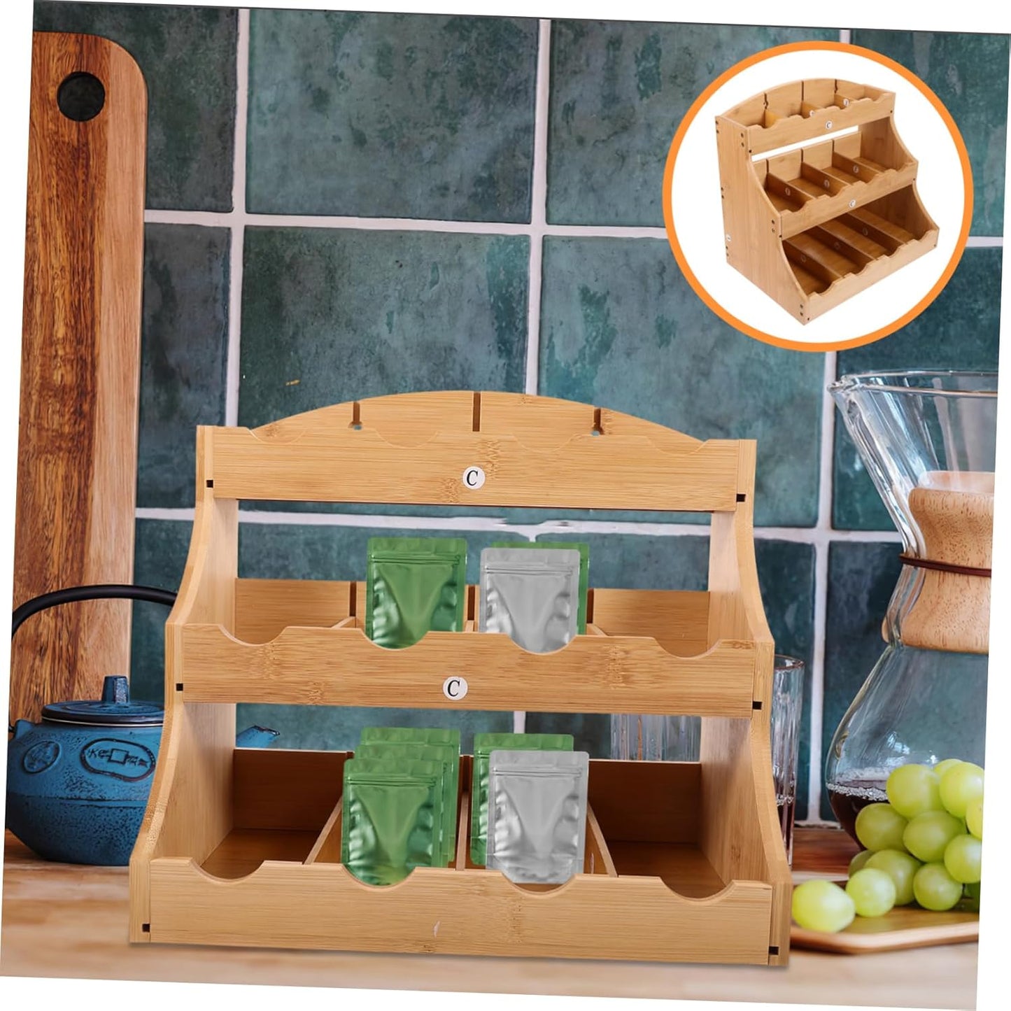 Tea Organizer and Storage Tiered Tea Bag Holder for Cabinet Bamboo Material