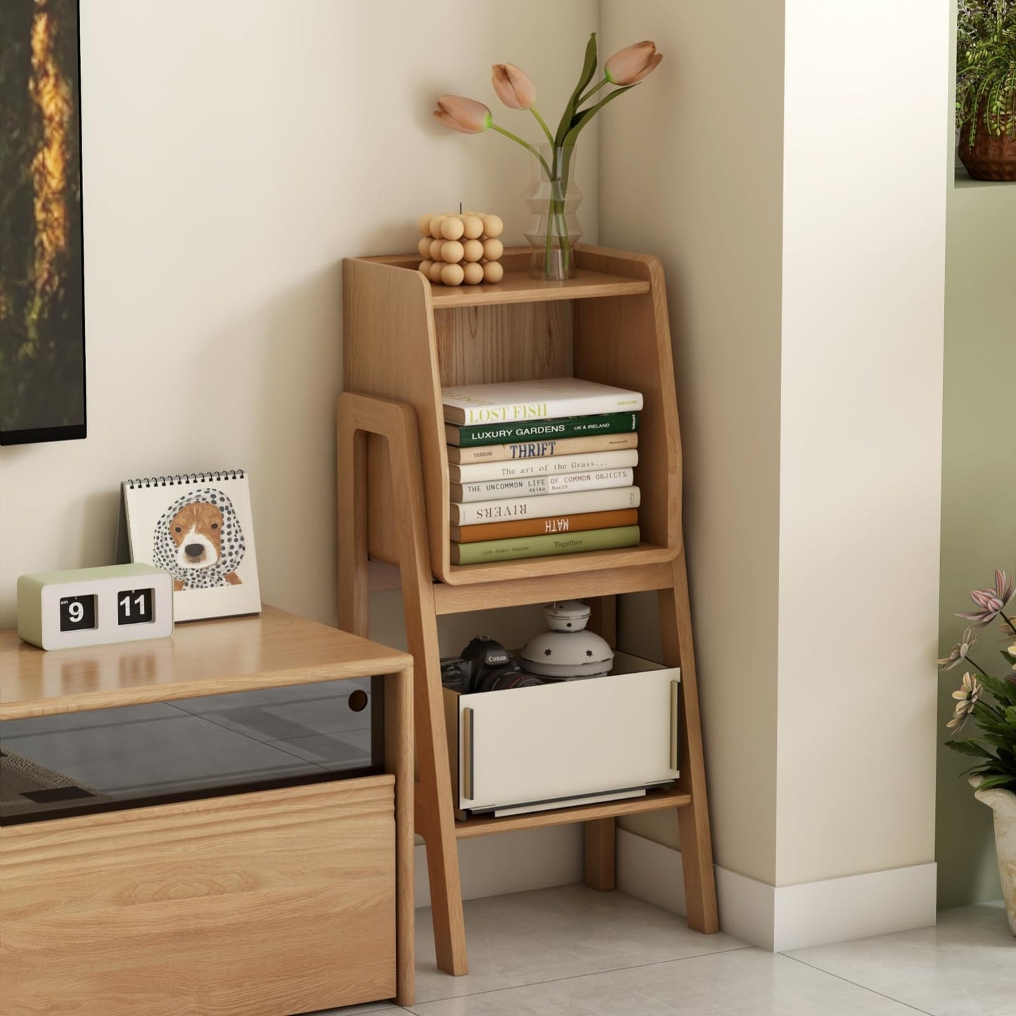Solid Oak 3 Tier Ladder Bookshelf