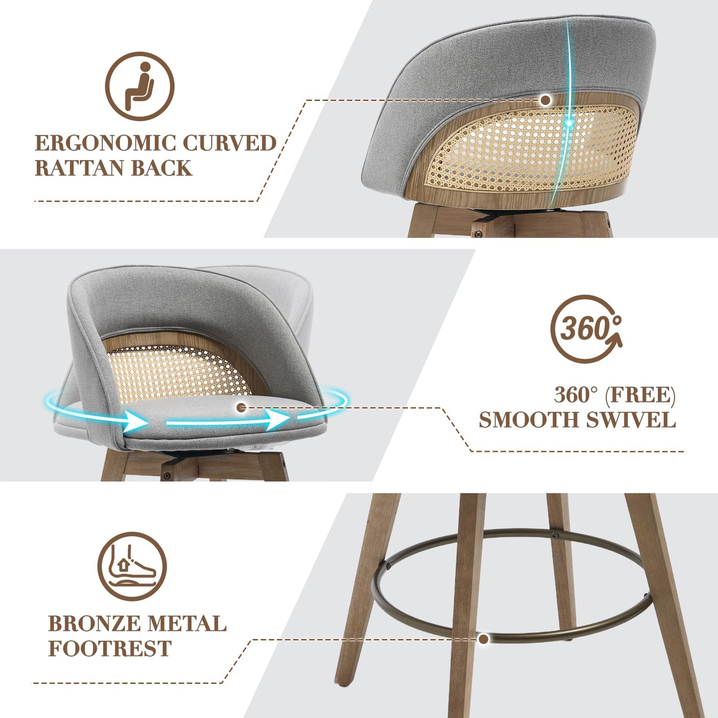 EALSON Bar Stools Set of 4, 26" Swivel Barstools with Rattan Backrest, Modern Faux Leather Upholstered Counter Height Bar Stools with Wood Legs & Bronze Footrest for Kitchen Island/Living Room, Brown