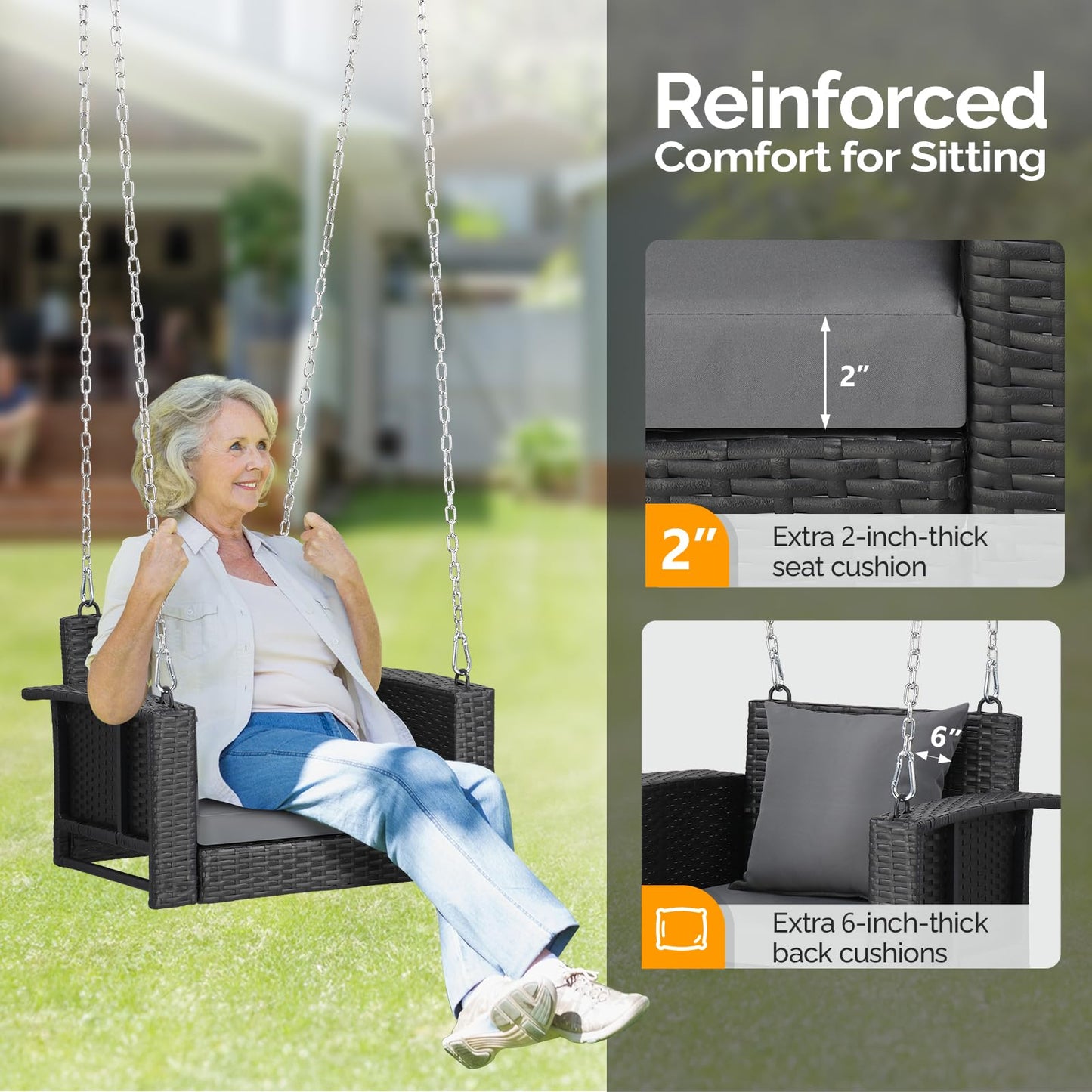 VINGLI 2.4 FT 1-Person Use Round Rattan Porch Swing Outdoor Support 440 LBS with Cushions & Adjustable Chains, Patio Wicker Swing Bench Chair for Garden, Yard, Lawn, Tree, Brown