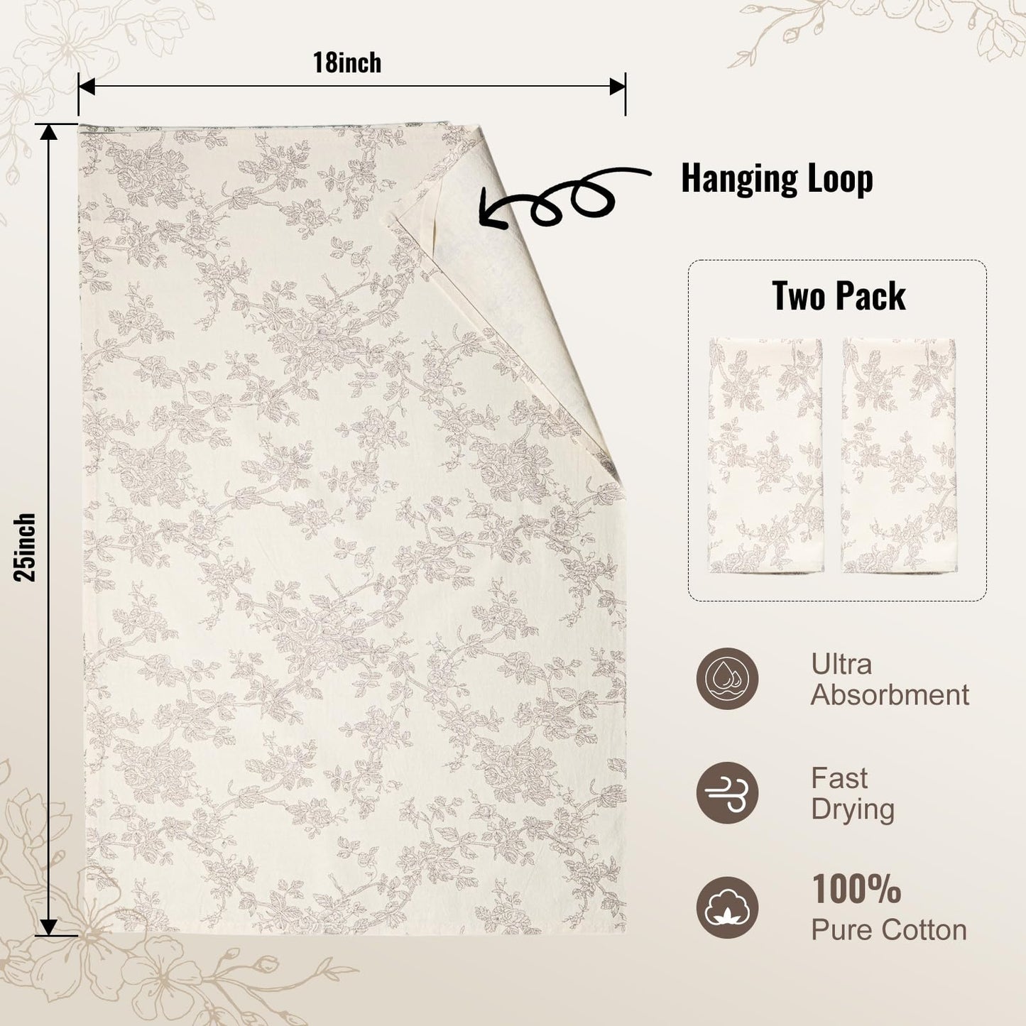 100% Cotton French Pastoral Kitchen Towels Set of 2, Decorative Flour Sack Tea Towels with Hanging Loop 18x25 Inch Absorbent Dish Cloths Farmhouse Home Decor, Brown
