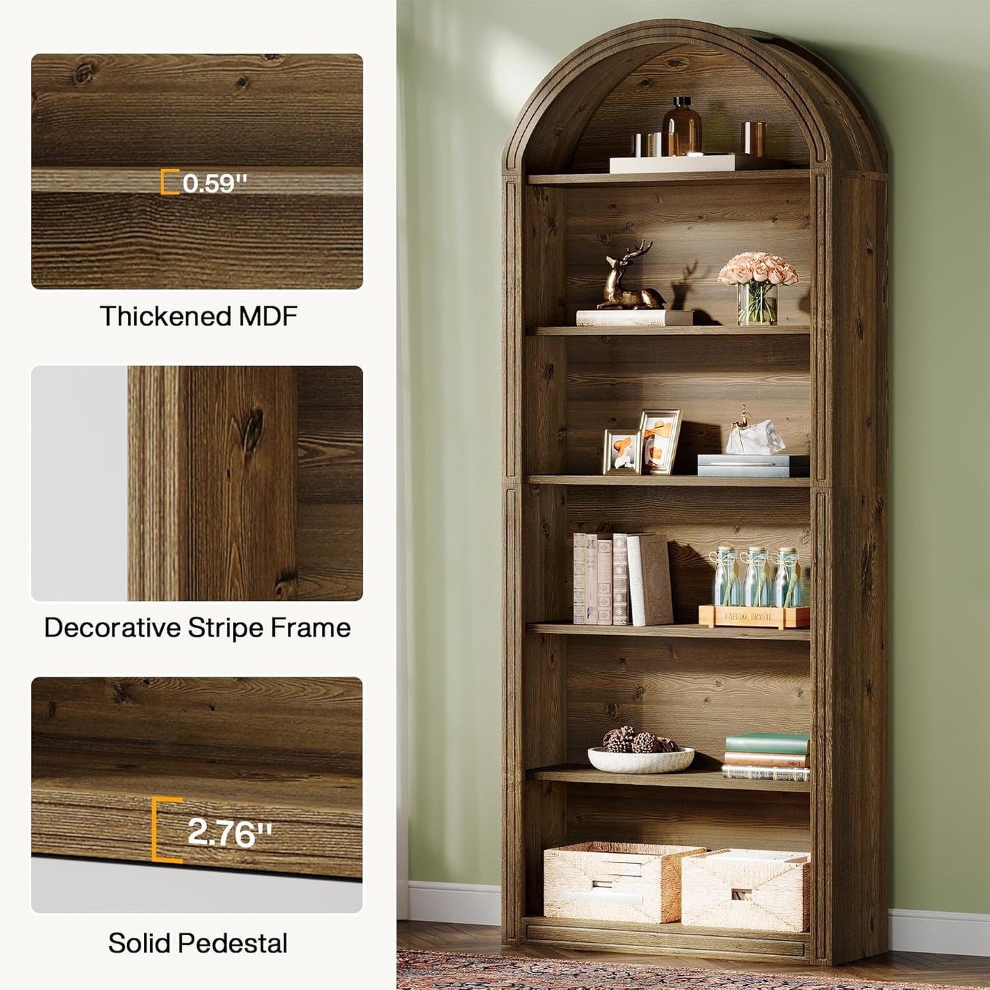 Arched 8 Tier Tall Bookshelf with Wood Back Panel