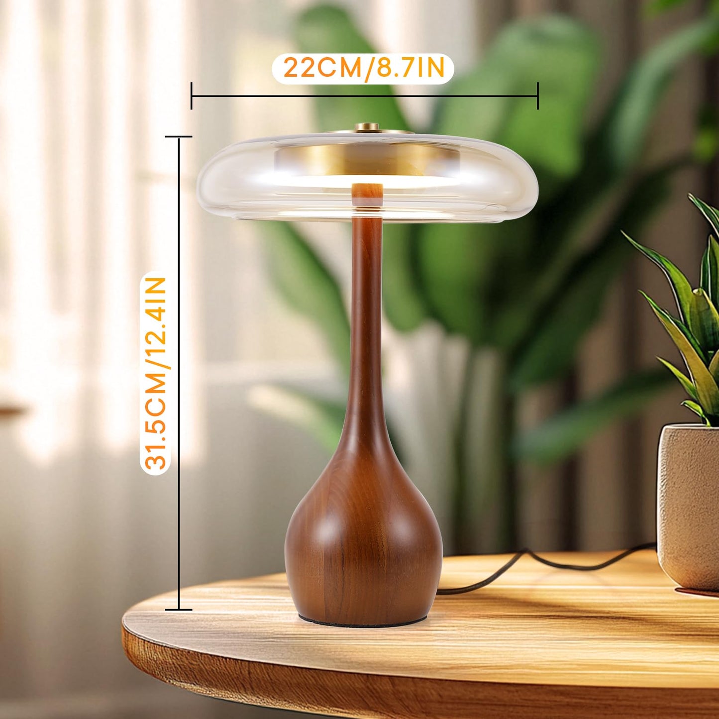 Brass Base Mushroom Table Lamp for Bedroom, Small Desk Lamp with Amber Glass Shade, LED Three Color Temperature Adjustable Brightness Modern Side Table Lighting (H 15.4 in)