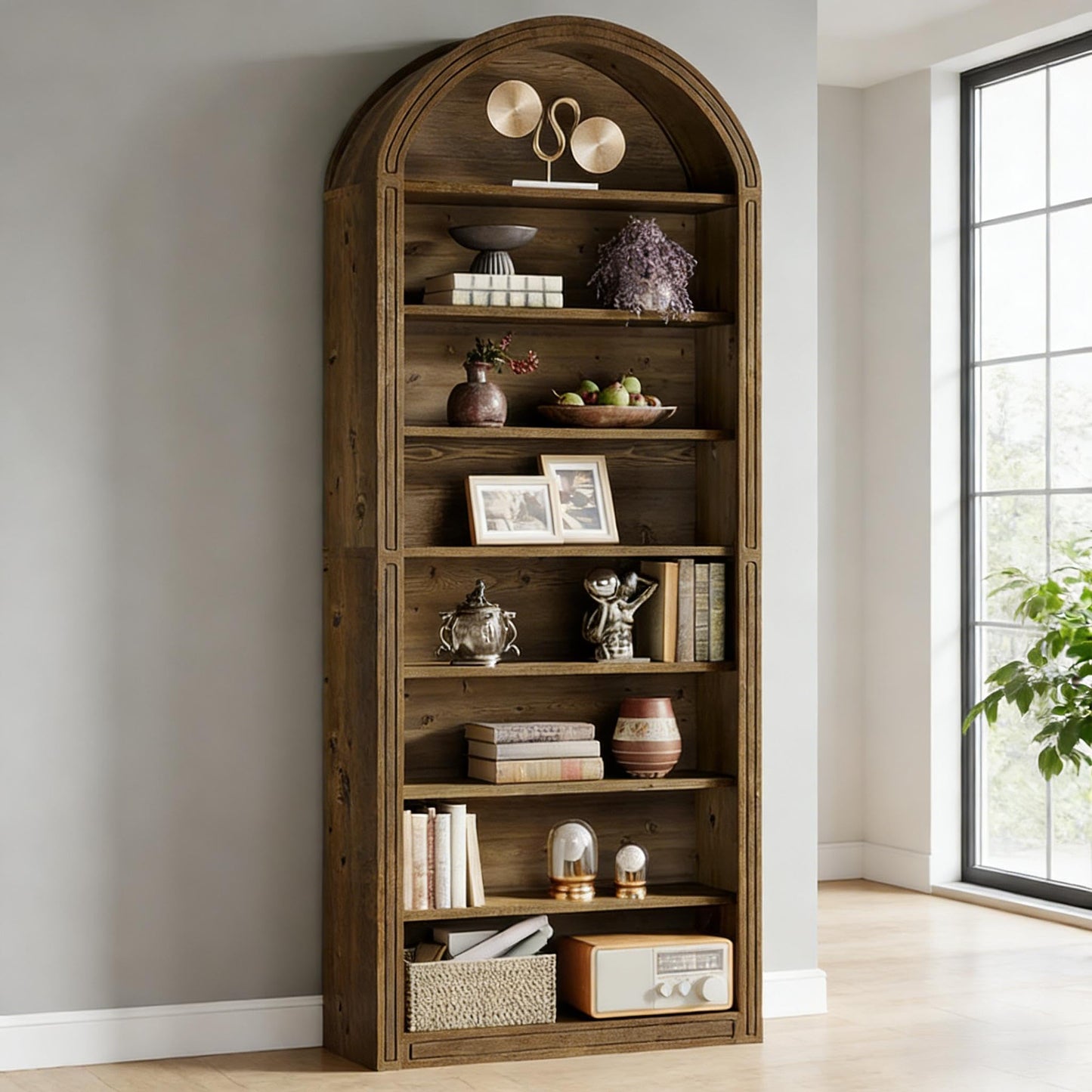 Arched 8 Tier Tall Bookshelf with Wood Back Panel