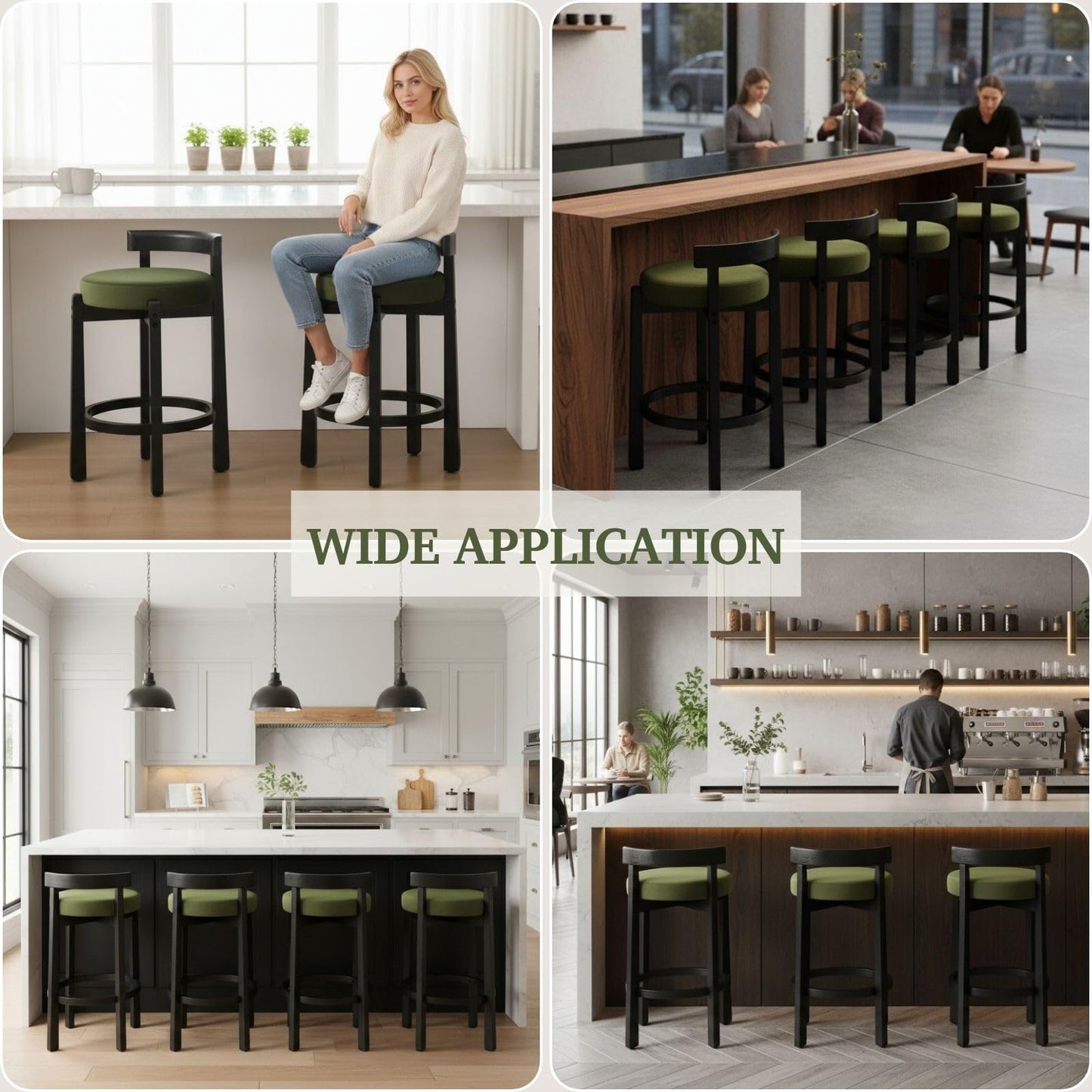LukeAlon Mid Century Linen Counter Stools Set of 3, Upholstered 26.5" Seat Height Low Barstools with Natural Wood Legs Round Low Back Kitchen Stools with Footrest for Dining Room, Beige