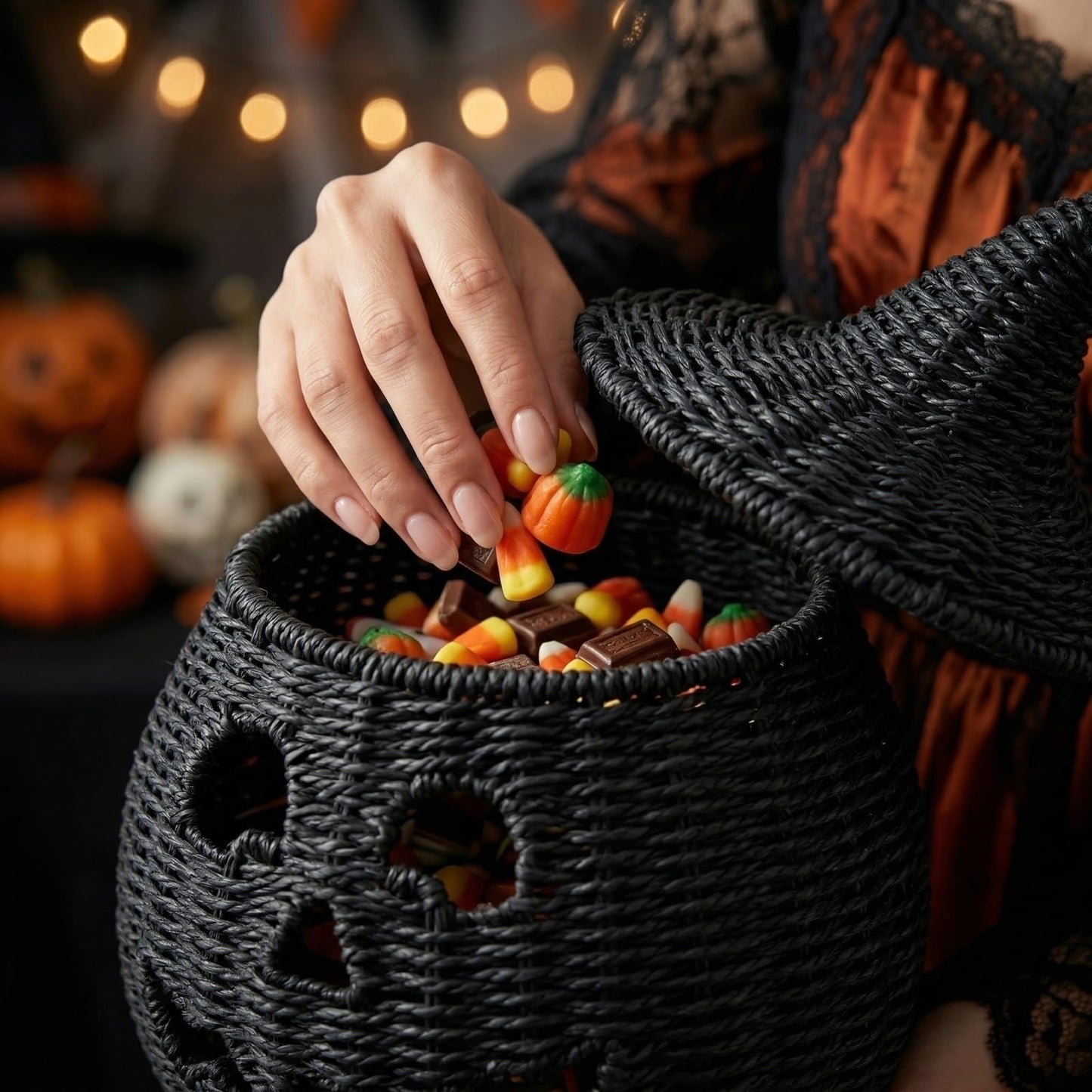 Rattan Lantern Pumpkin Candle Holder with Witch Hat Shape Lid