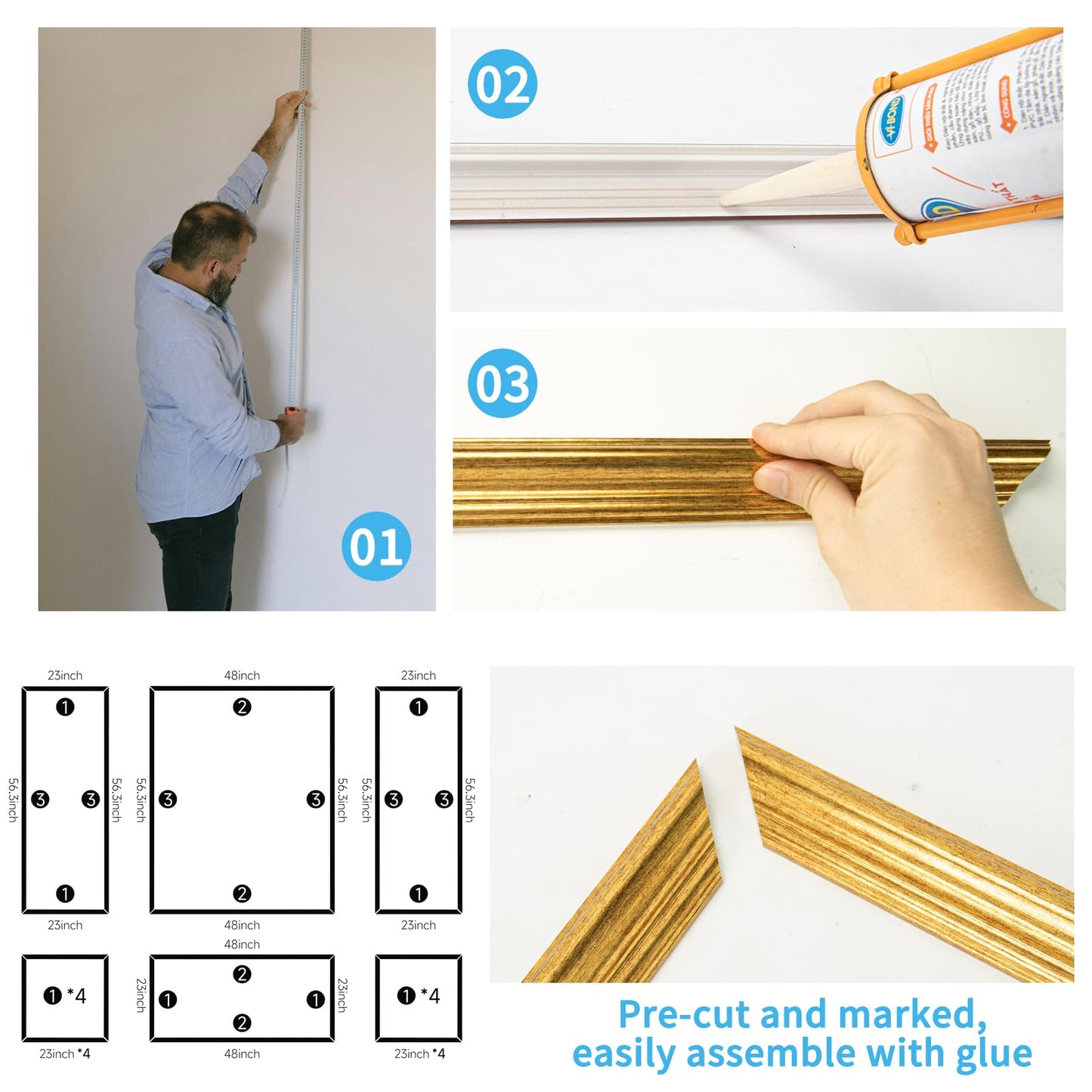 Pre-Cut Wall Molding Set of 6 pcs, Ready-to-Assemble Wainscoting Panels