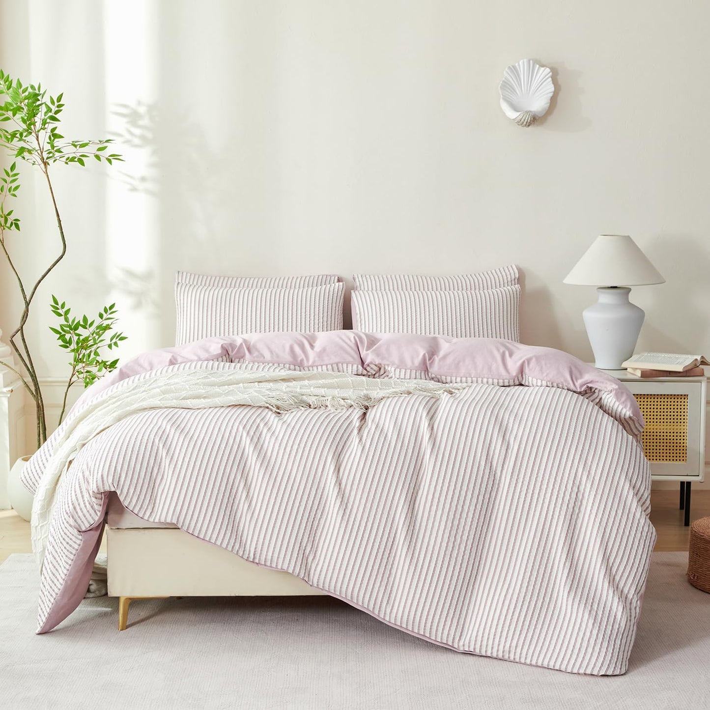 Striped Duvet Cover Queen Beige Washed Microfiber Jacquard 3 Pieces Bedding Set, White Beige Vertical Ticking Stripes Pattern Comforter Cover with Zipper Closure Breathable Durable Soft Comfy