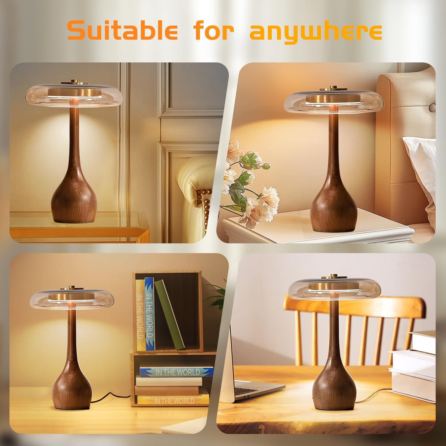 Brass Base Mushroom Table Lamp for Bedroom, Small Desk Lamp with Amber Glass Shade, LED Three Color Temperature Adjustable Brightness Modern Side Table Lighting (H 15.4 in)