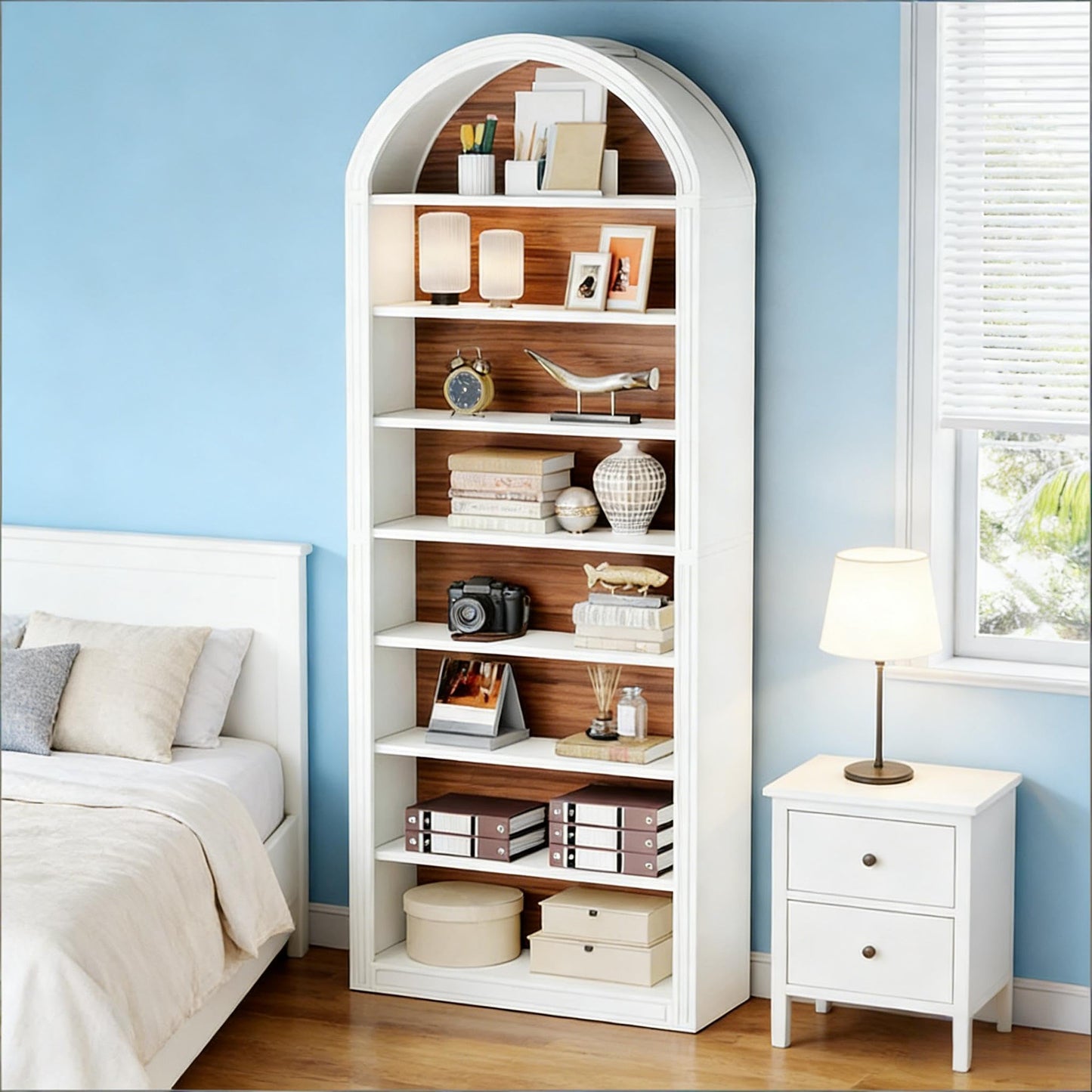 Arched 8 Tier Tall Bookshelf with Wood Back Panel